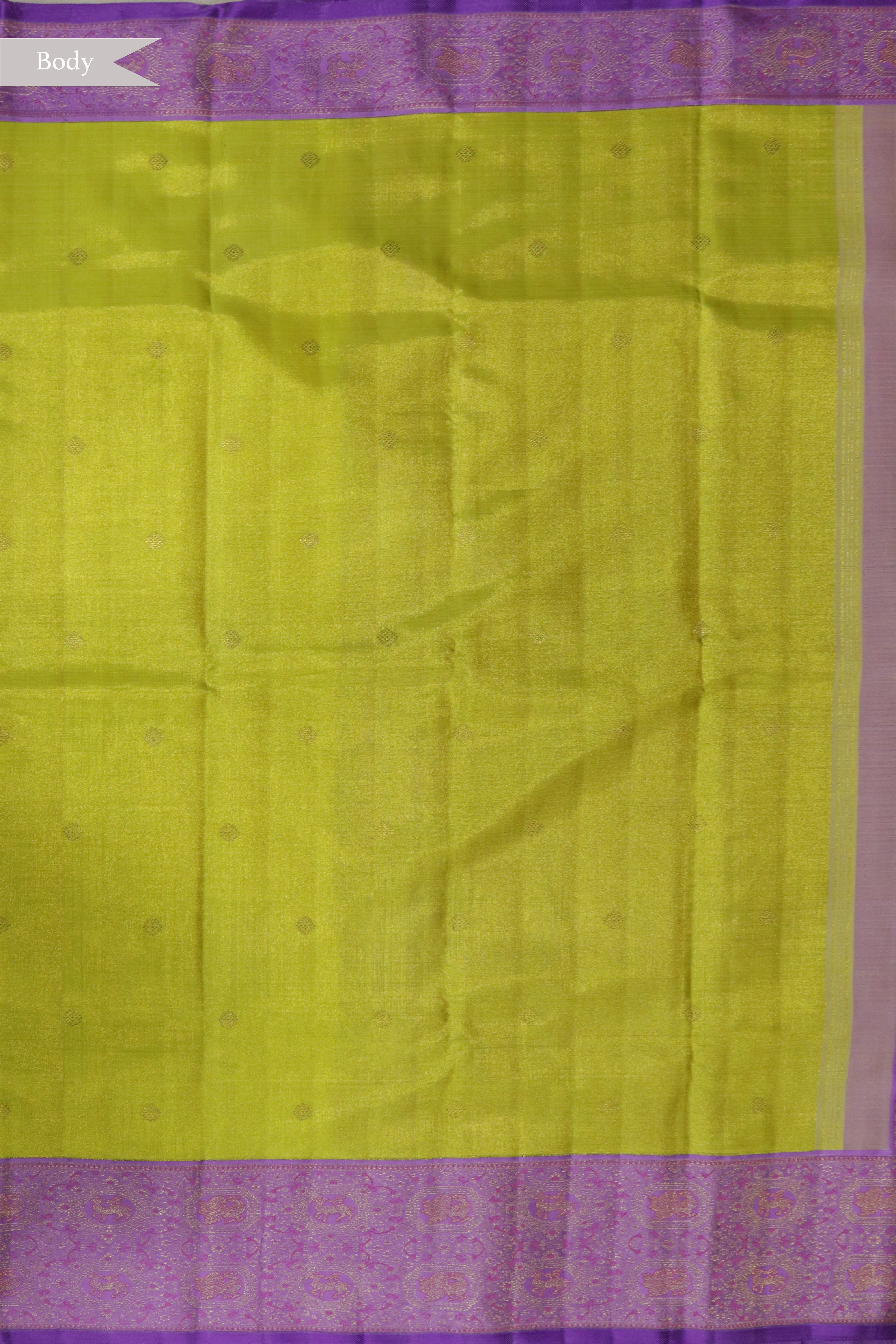 Lemon Yellow Kanchivaram Silk Tissue Saree with Lotus Pink Vana Singaram Border