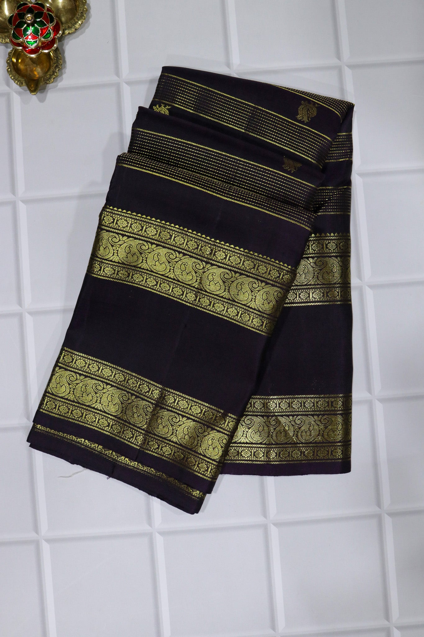 Dark Brown Kanchivaram Silk Saree with Zari Stripes & Butti Design