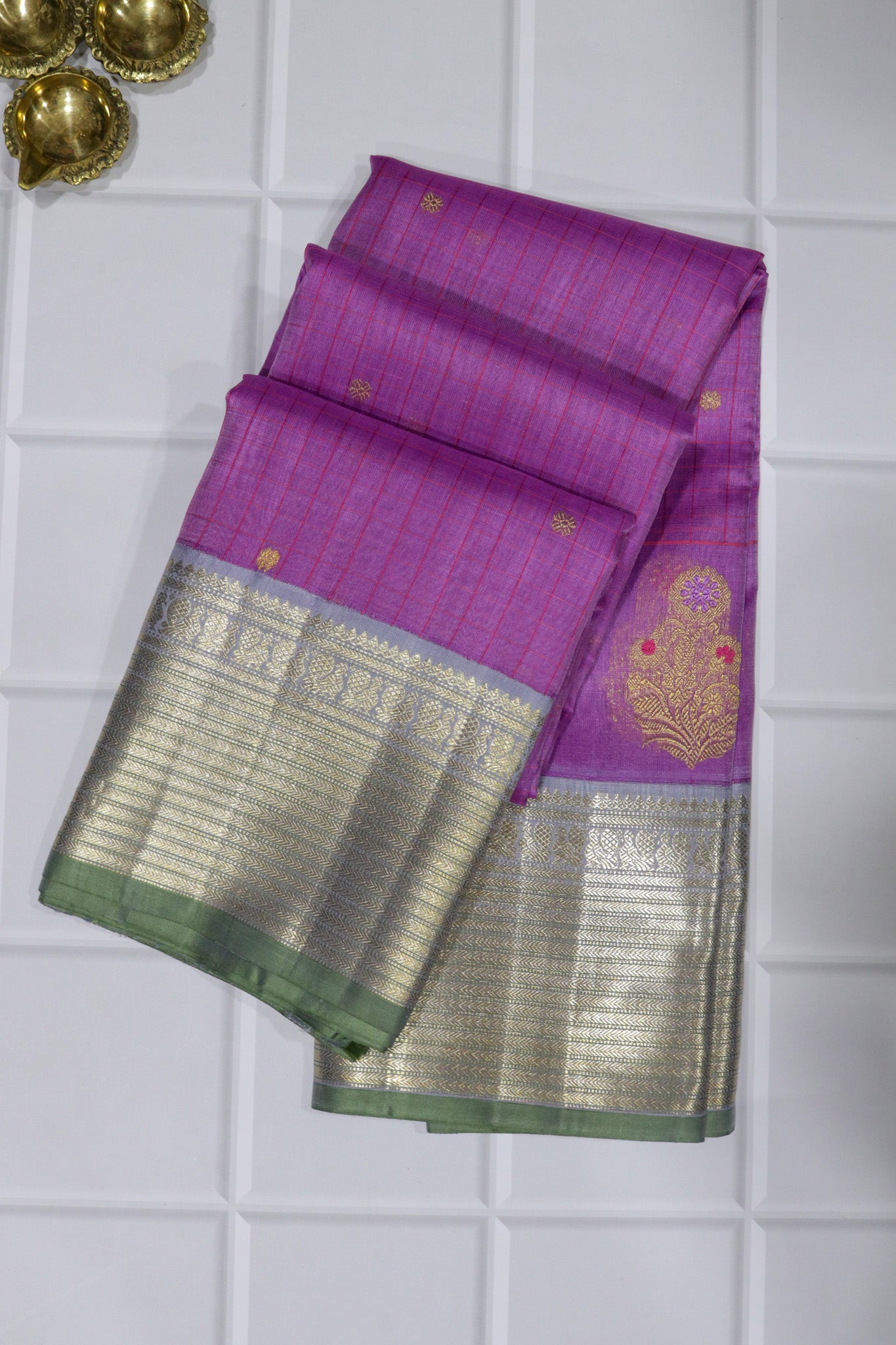 Lavender Kanchivaram Kora Silk Saree with Contrast Ash Border