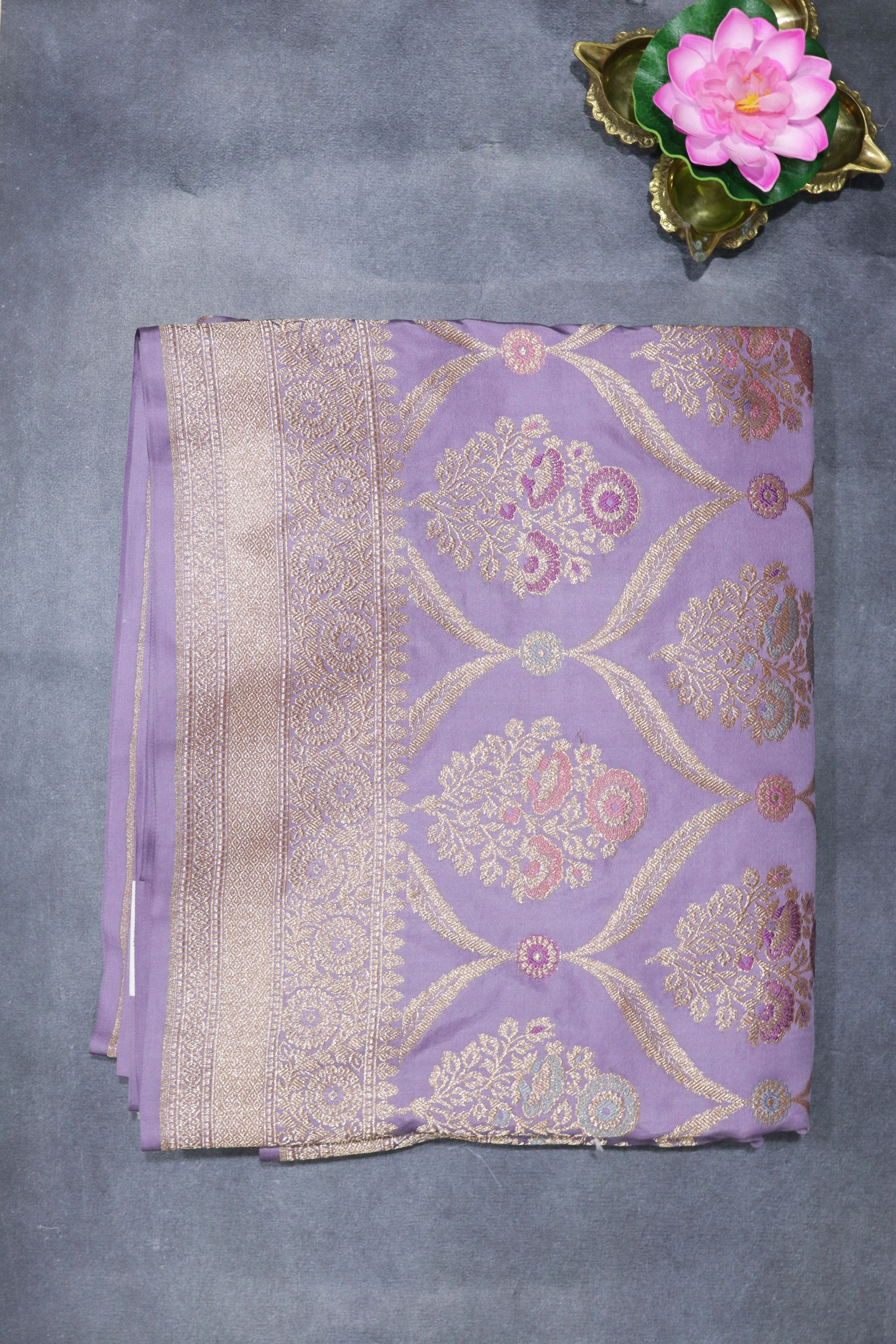 Lavender Banarasi Silk Saree with Meenakari Butta Weaving and Rich Zari Border