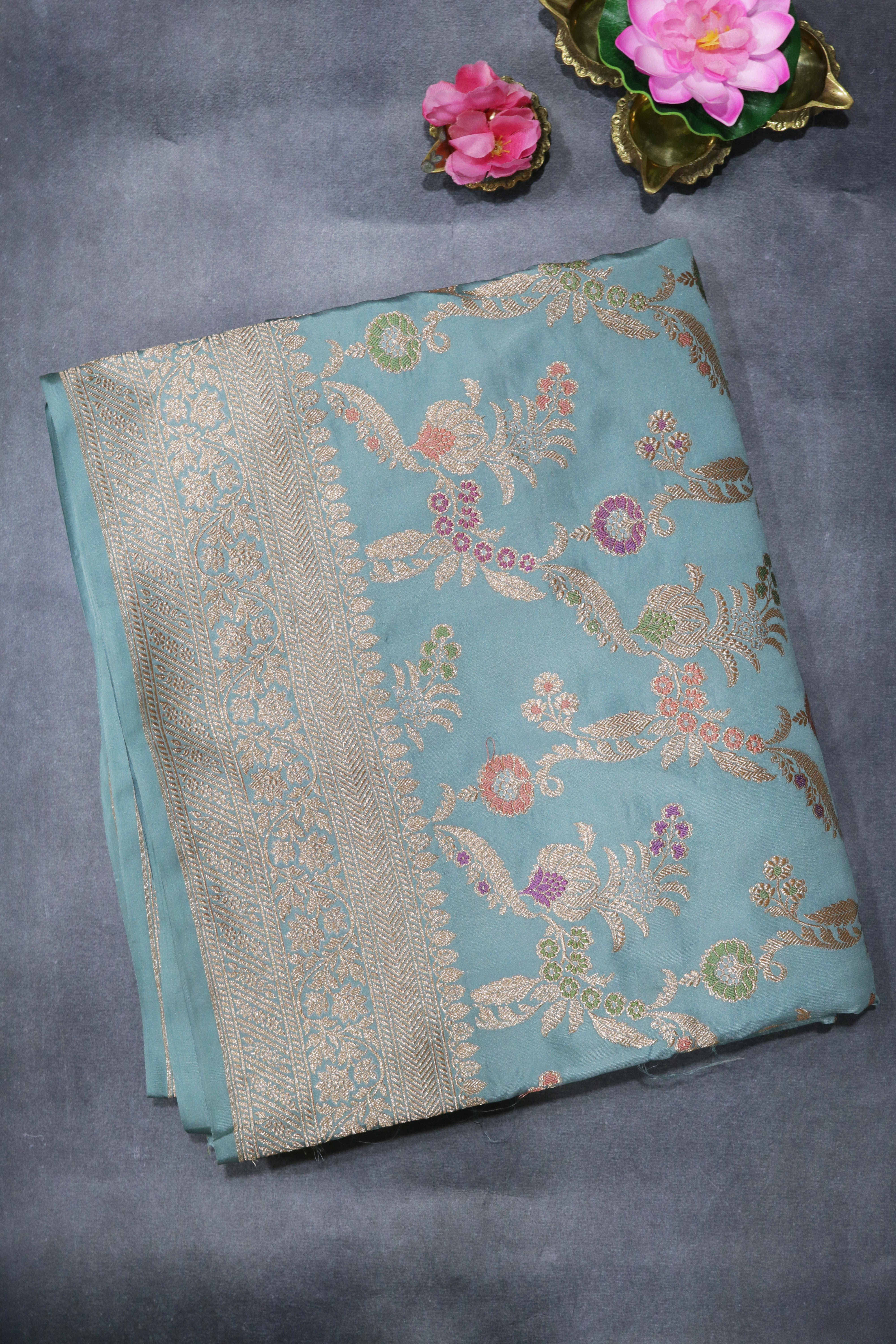 Ice Blue Banarasi Silk Saree with Meenakari Zari Jaal and Rich Zari Border