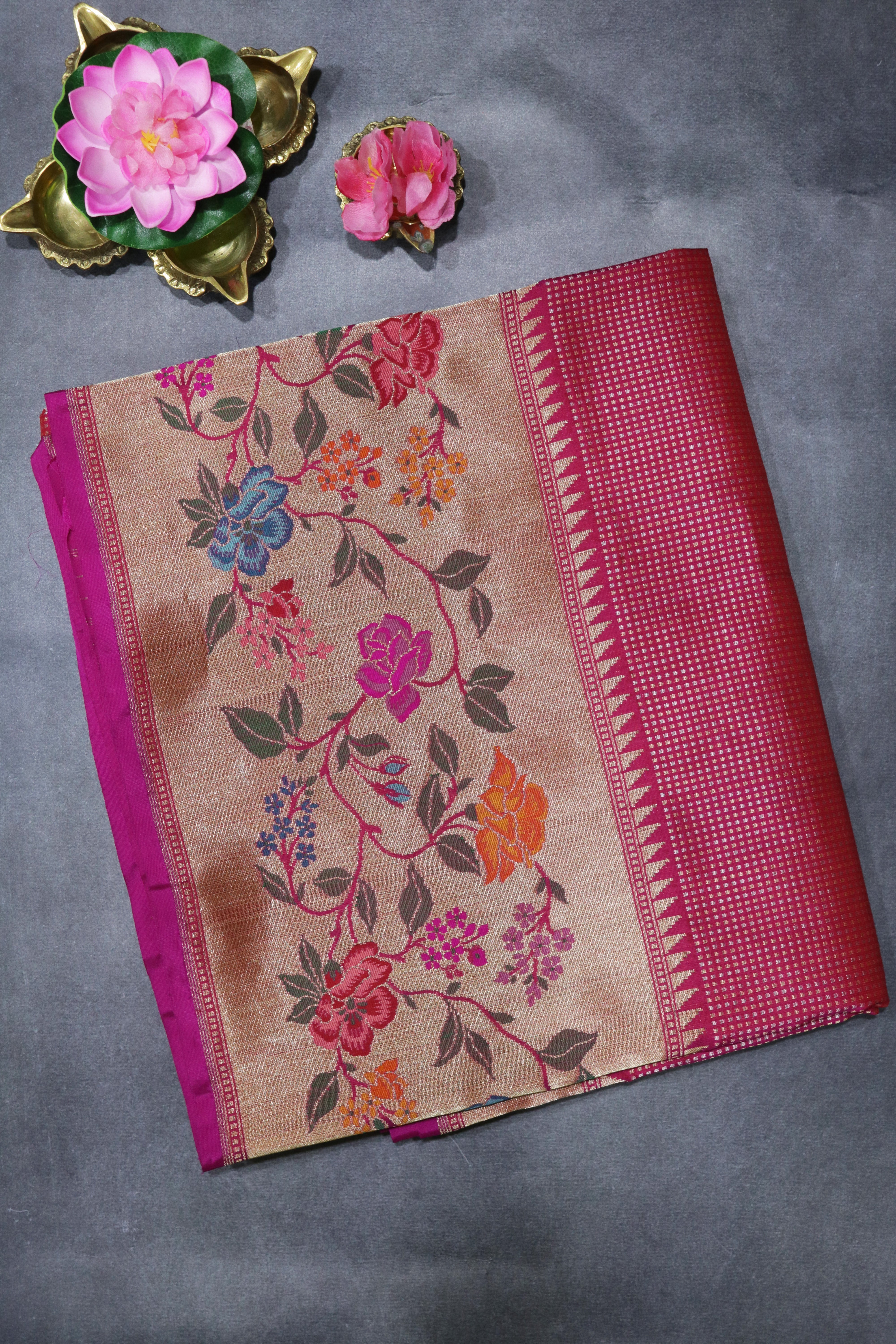 Pink Banarasi Silk Saree with Self Zari Motifs and Meenakari Floral Border