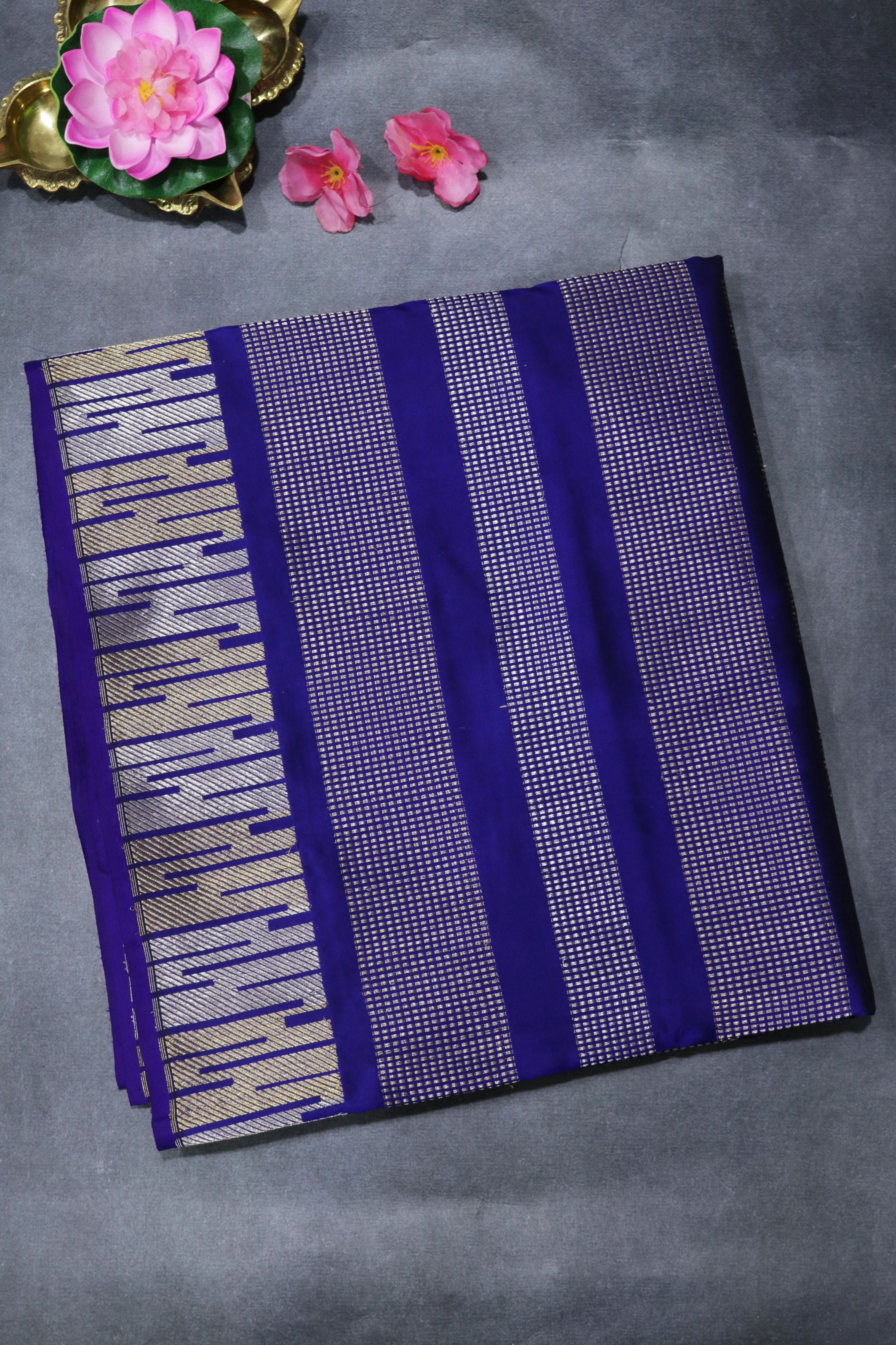 Royal Blue Banarasi Silk Saree with Self Zari Motifs and Striped Border