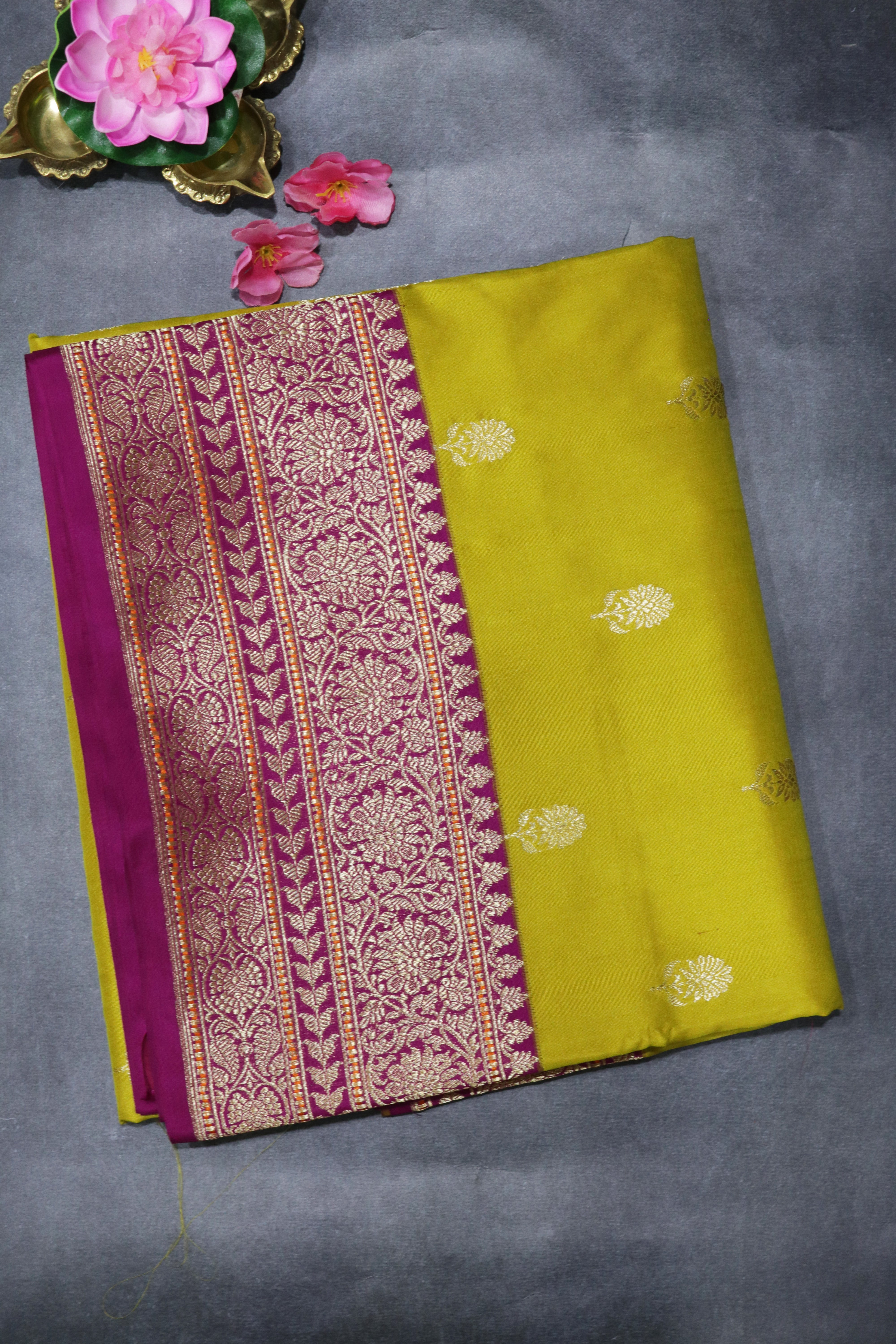 Mustard Green Banarasi Silk Saree with Zari Butti and Contrast Magenta Zari Border