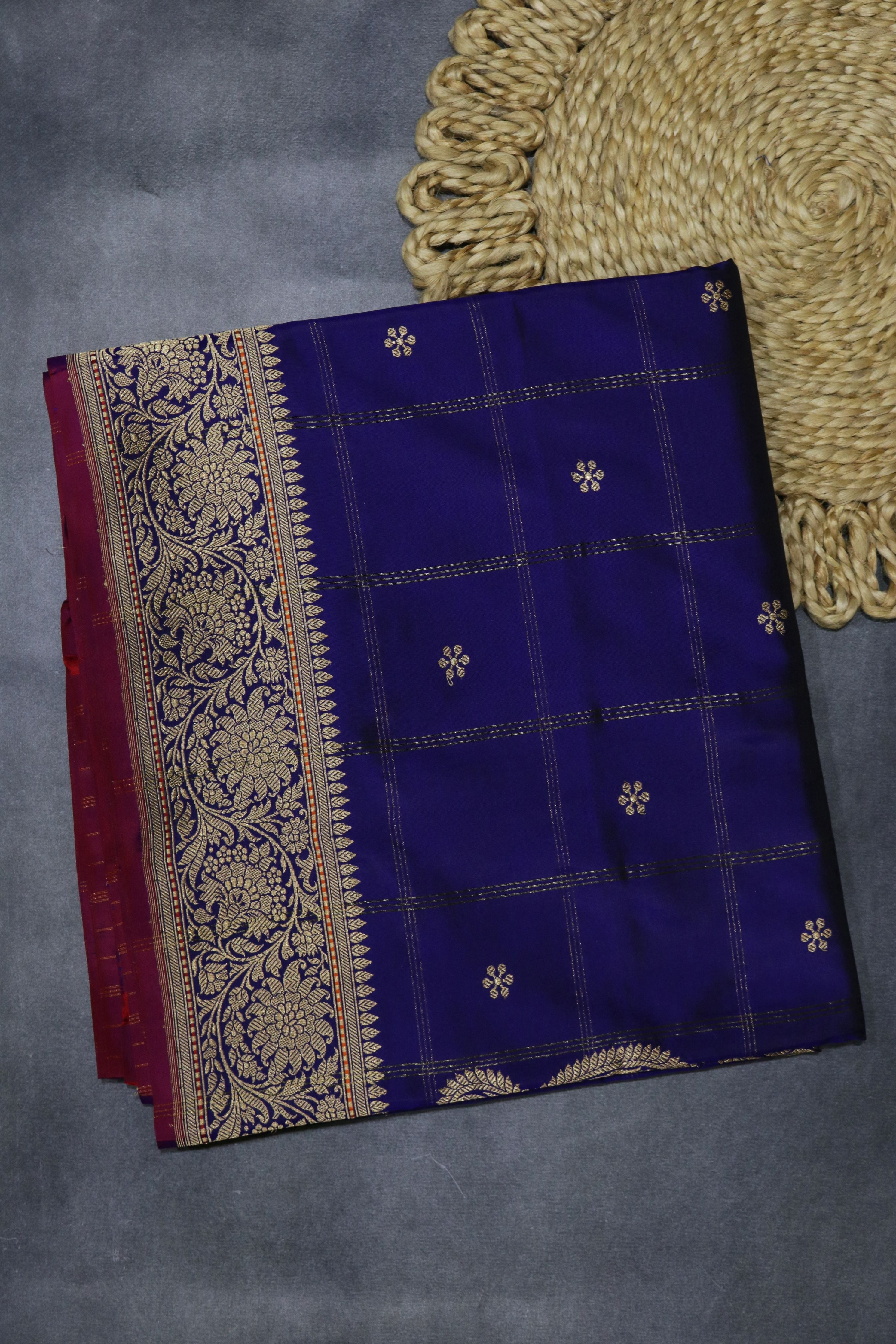Royal Blue Banarasi Silk Saree with Checked Design, Zari Motifs and Contrast Blouse
