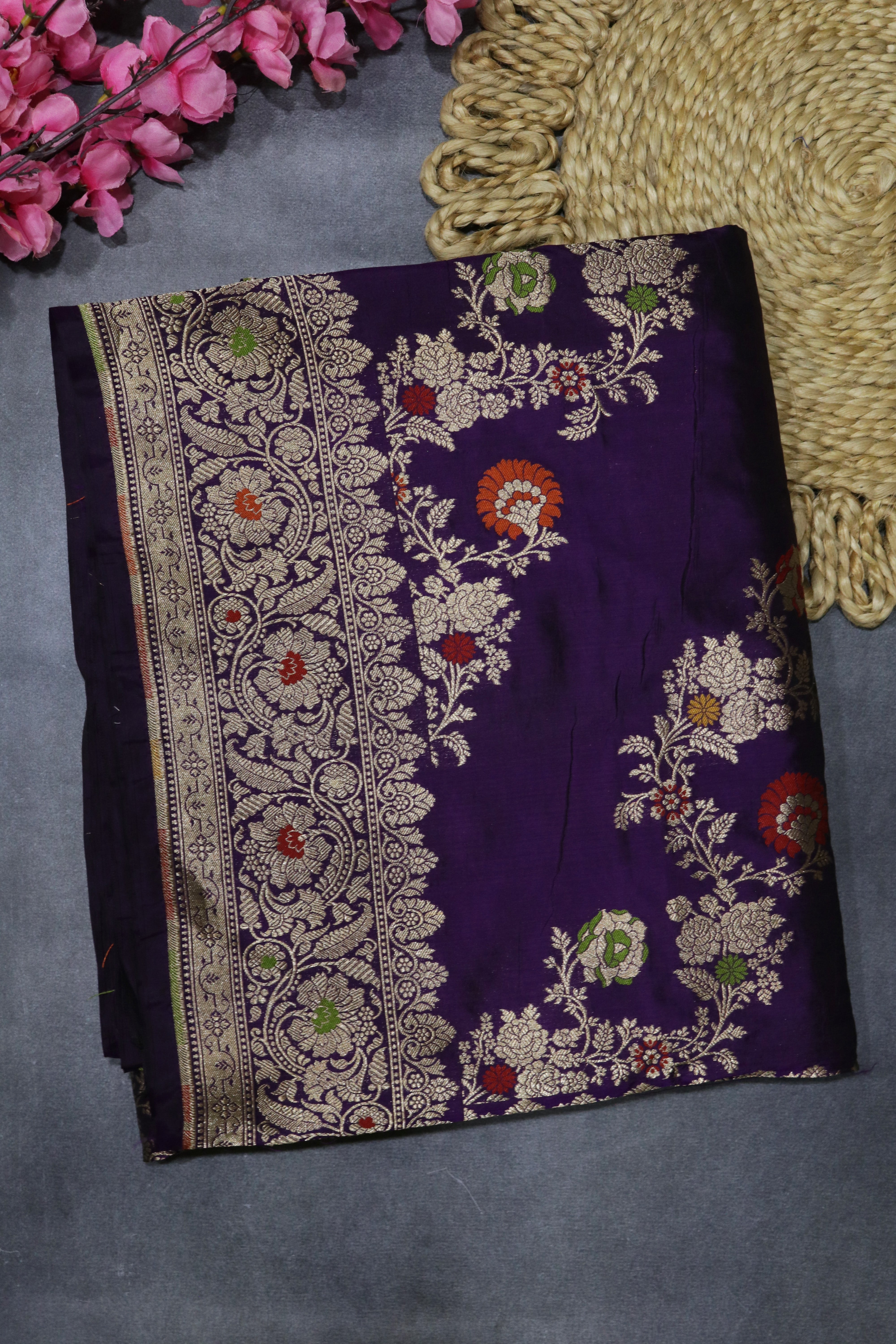 Royal Purple Banarasi Silk Saree with Zari & Meenakari Jaal Work and Zari Border