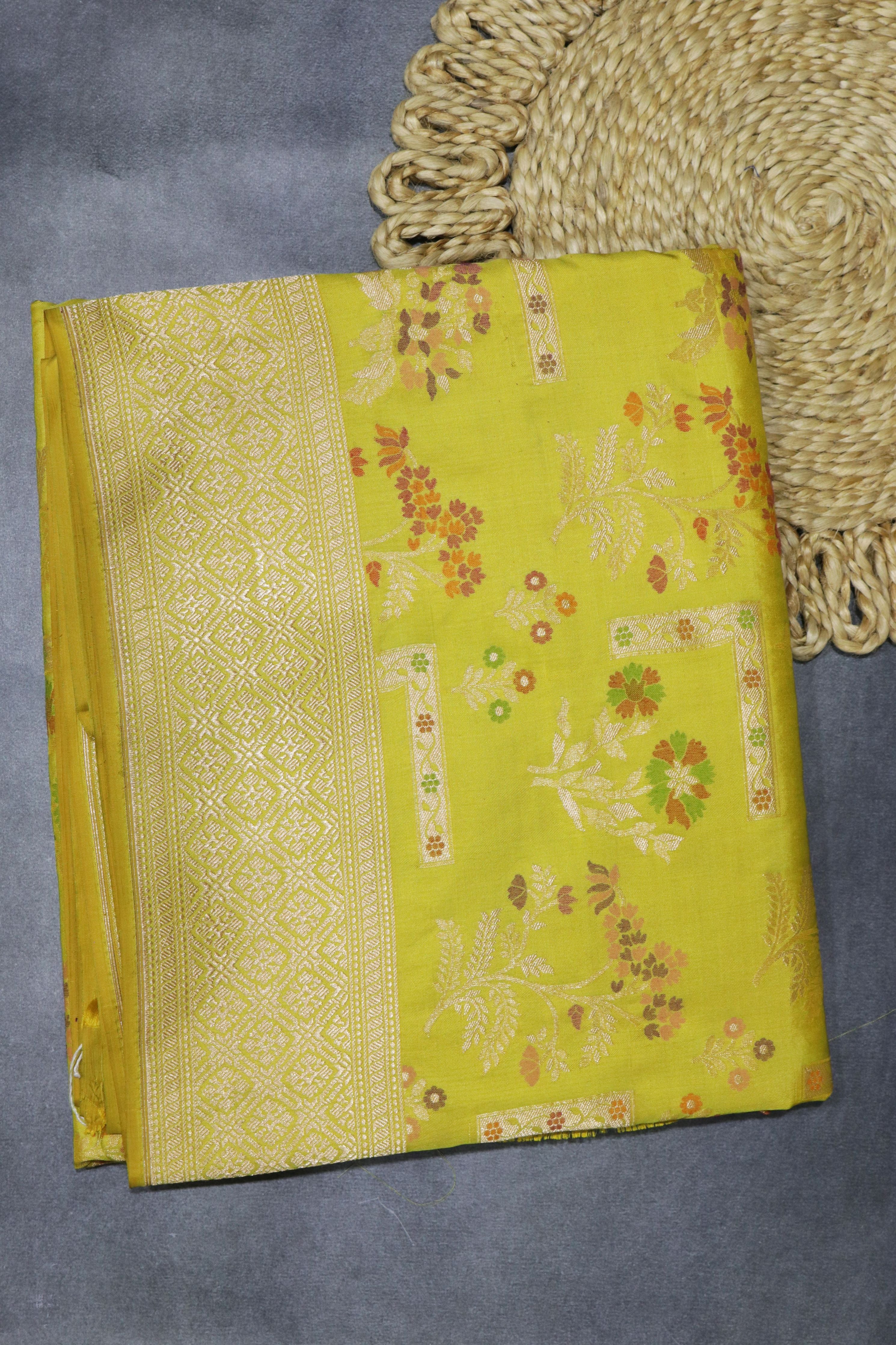 Lime Green Banarasi Silk Saree with Meenakari Floral Jaal and Zari Border