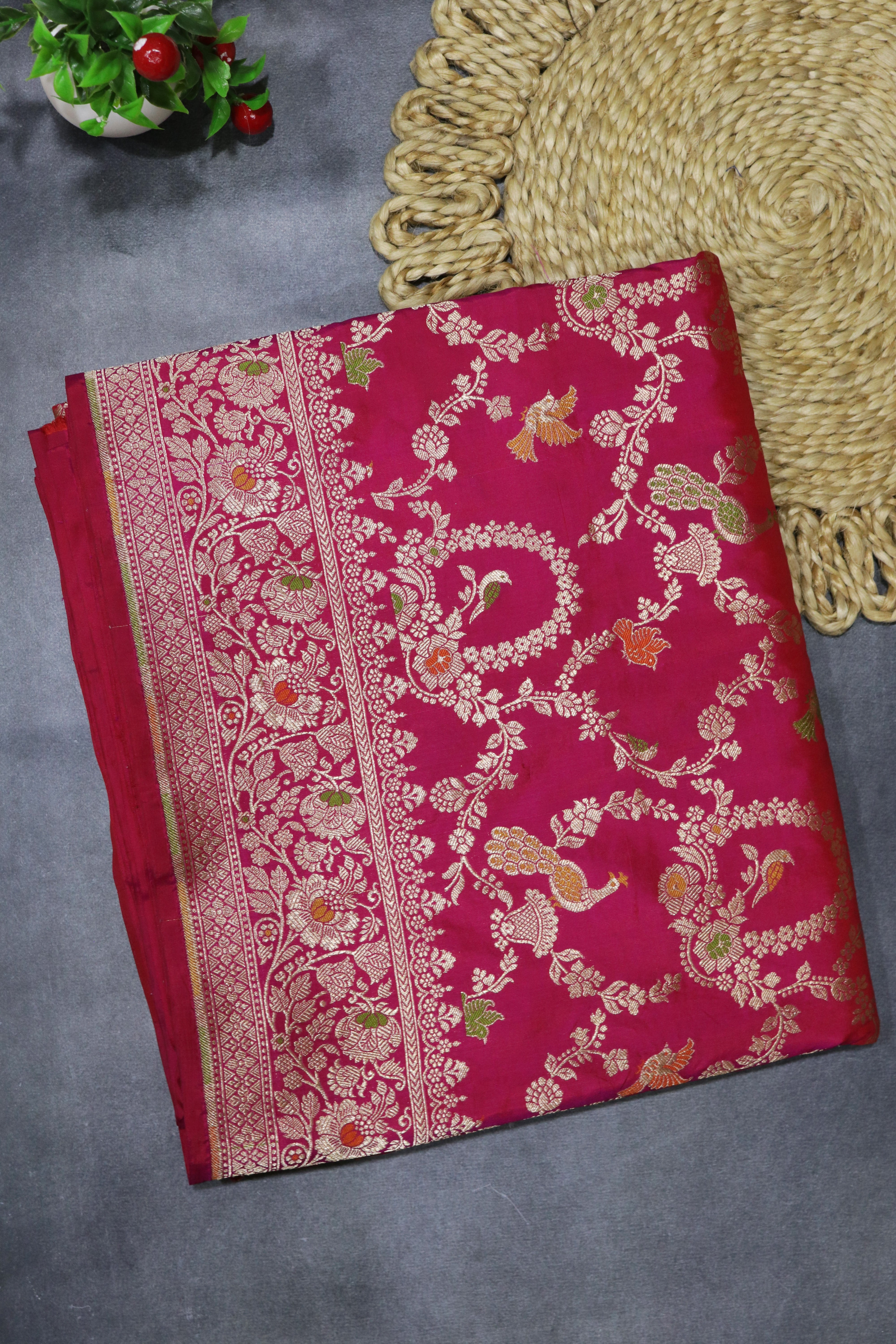 Rani Pink Banarasi Silk Saree with Meenakari Peacock Jaal and Zari Border