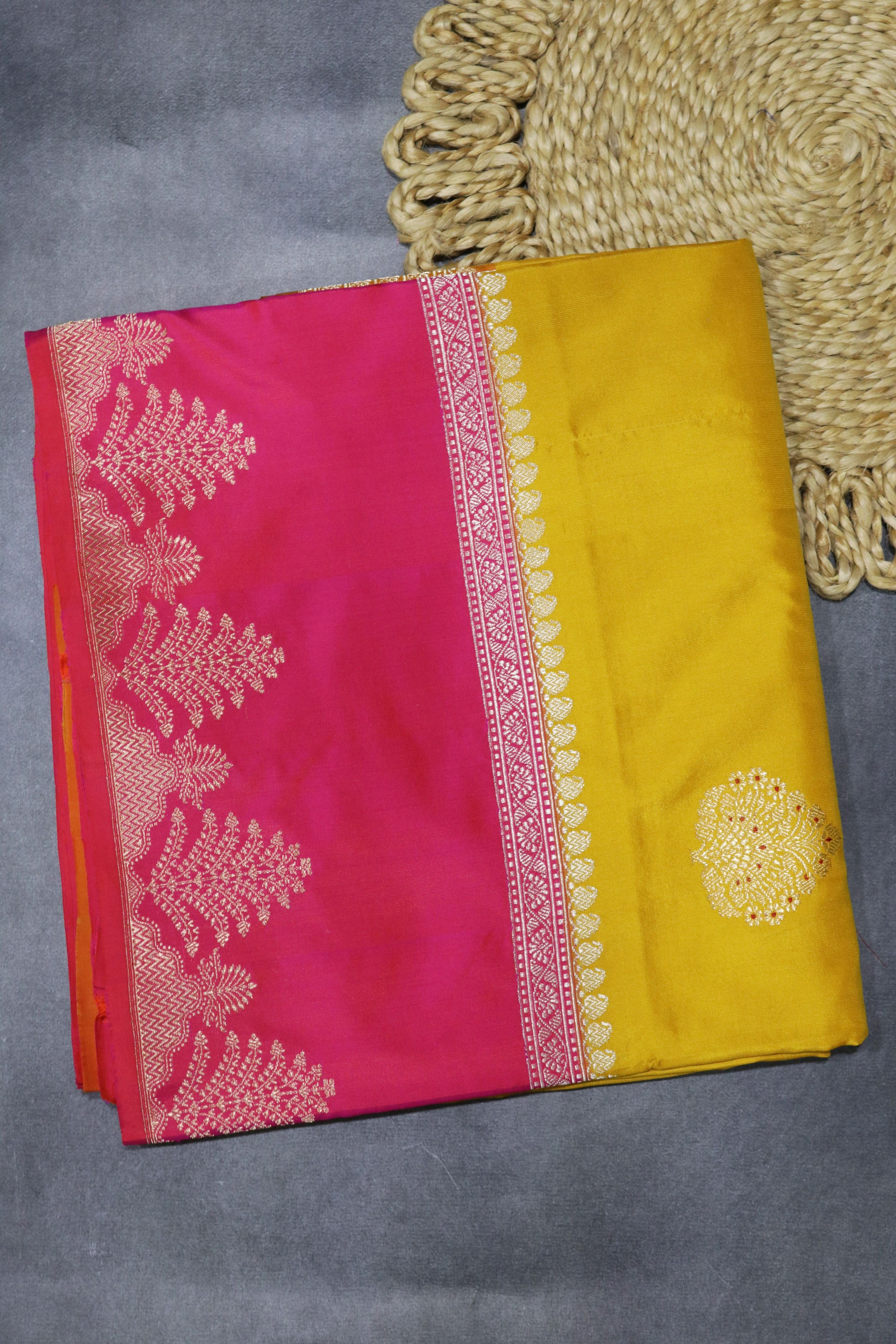 Mustard Yellow Banarasi Silk Saree with Contrast Pink Border