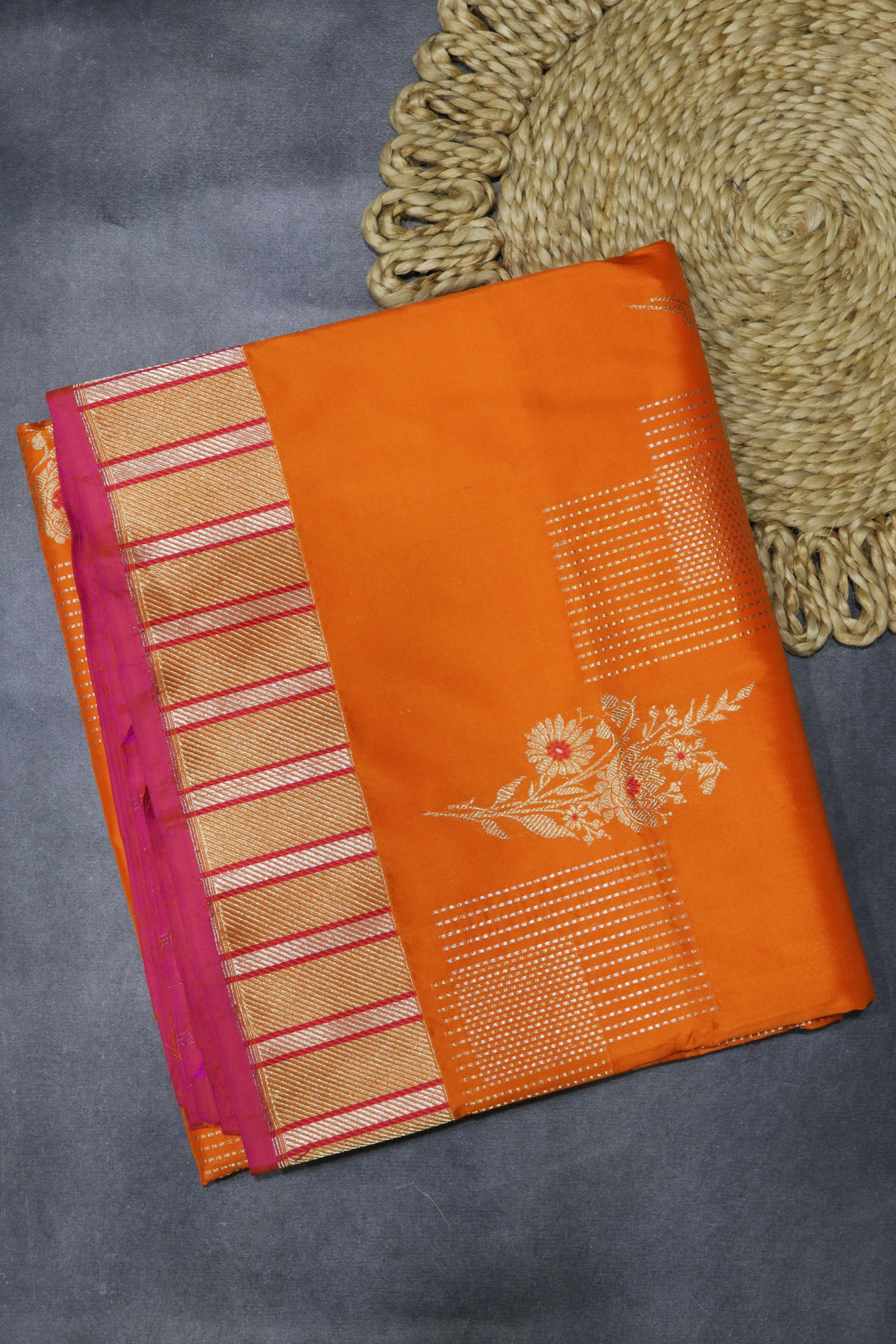 Orange Banarasi Silk Saree with Fancy Butta and Contrast Rangkat Zari Border