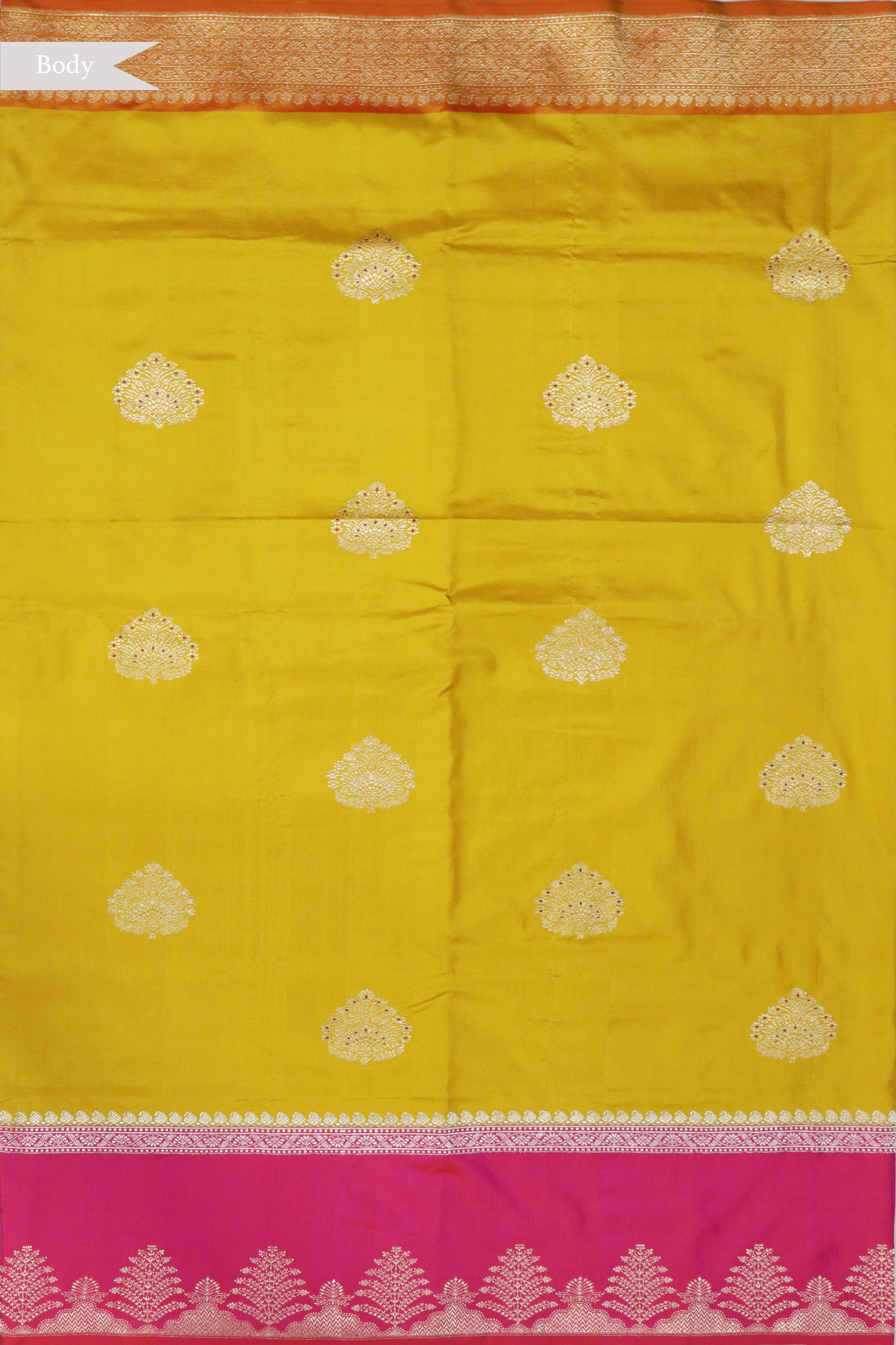 Mustard Yellow Banarasi Silk Saree with Contrast Pink Border