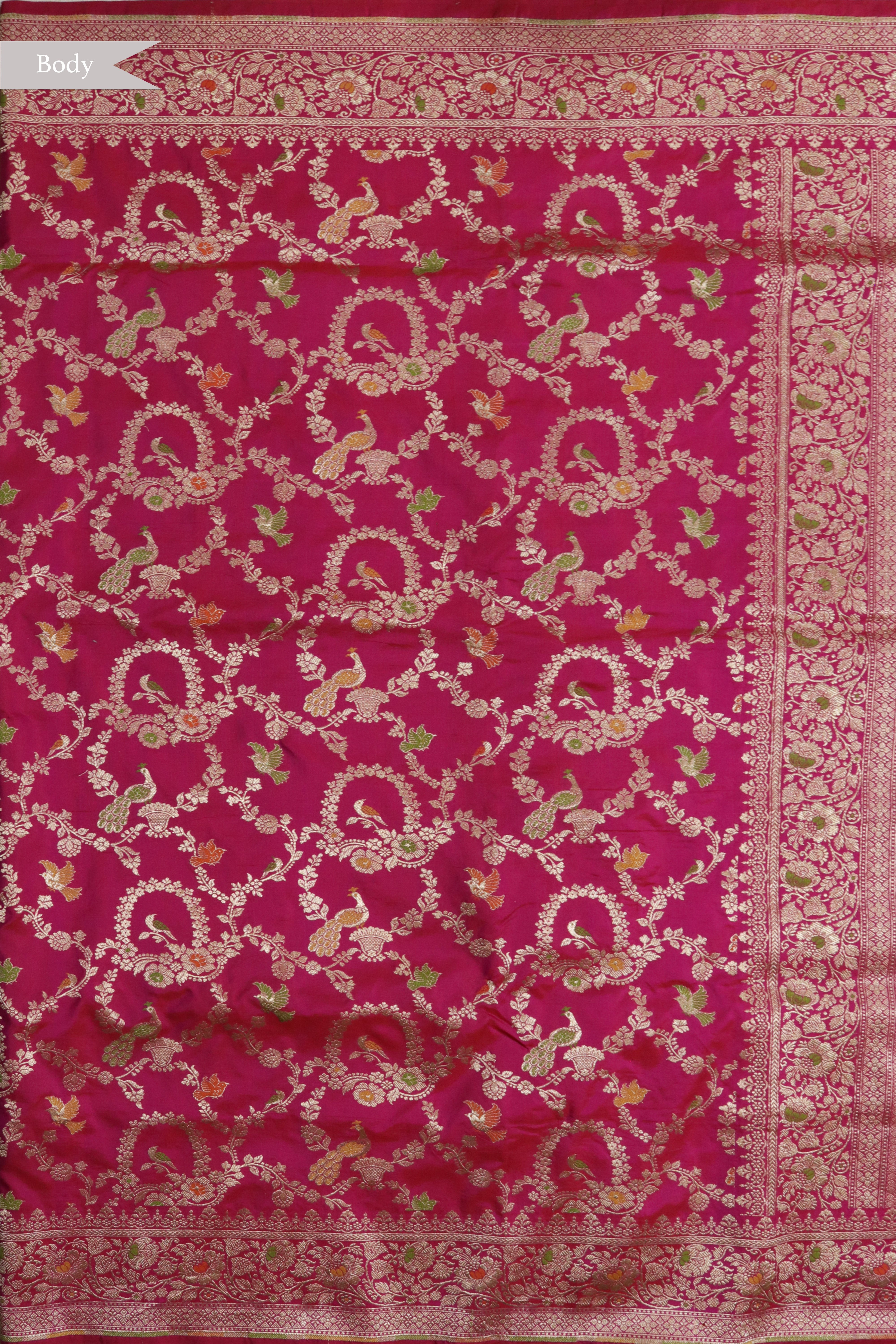 Rani Pink Banarasi Silk Saree with Meenakari Peacock Jaal and Zari Border