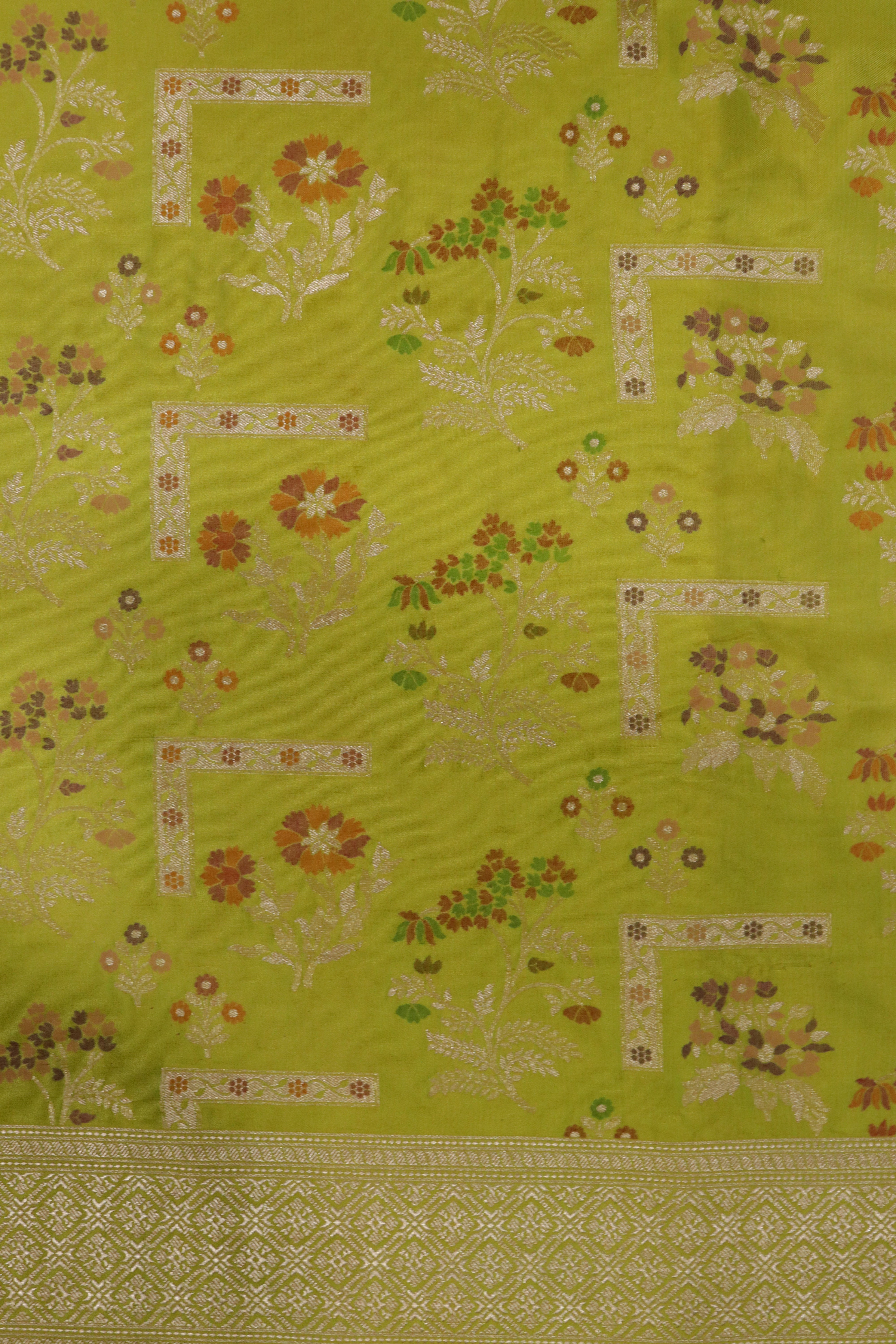 Lime Green Banarasi Silk Saree with Meenakari Floral Jaal and Zari Border