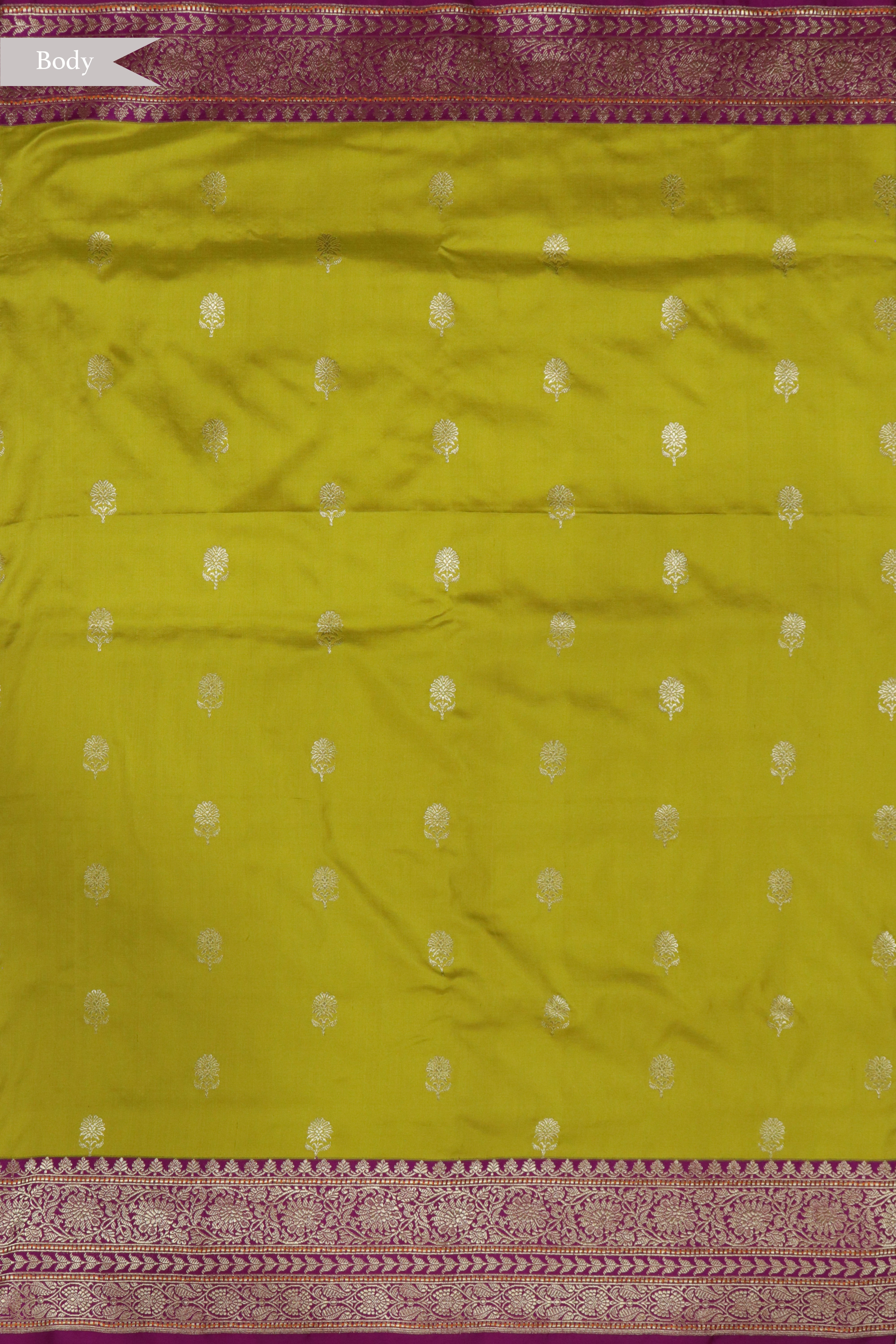 Mustard Green Banarasi Silk Saree with Zari Butti and Contrast Magenta Zari Border