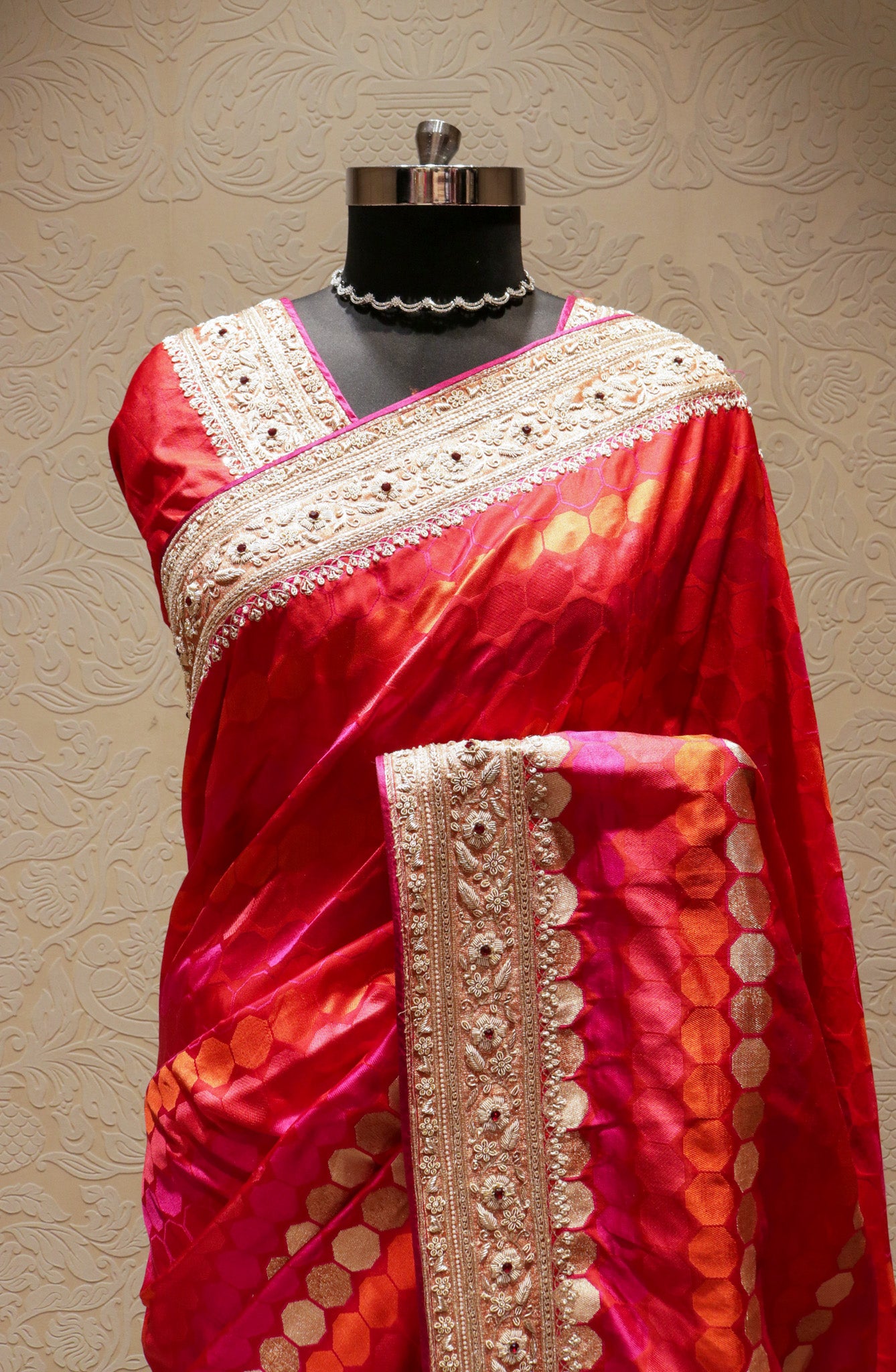 Pink Orange Banarasi Silk Saree with Zari Weaving & Kundan Border