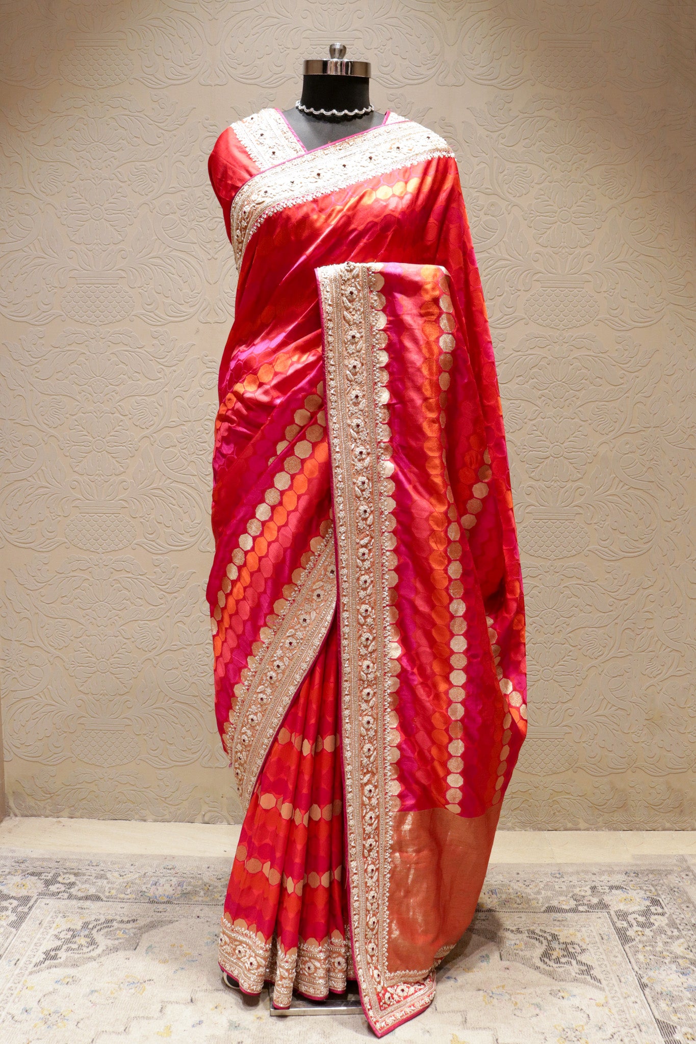 Pink Orange Banarasi Silk Saree with Zari Weaving & Kundan Border