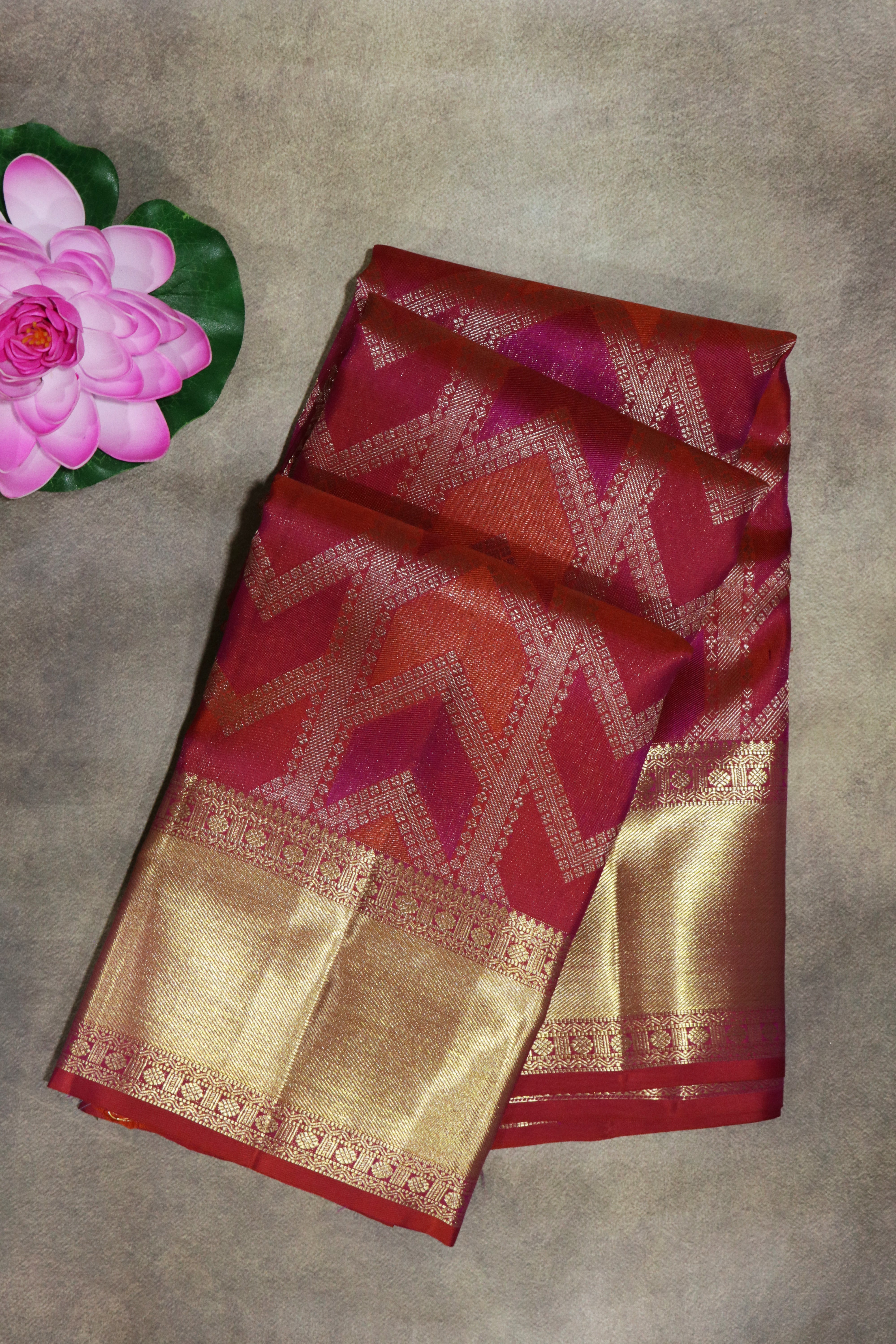 Coral Geometric Kanchivaram Silk Saree