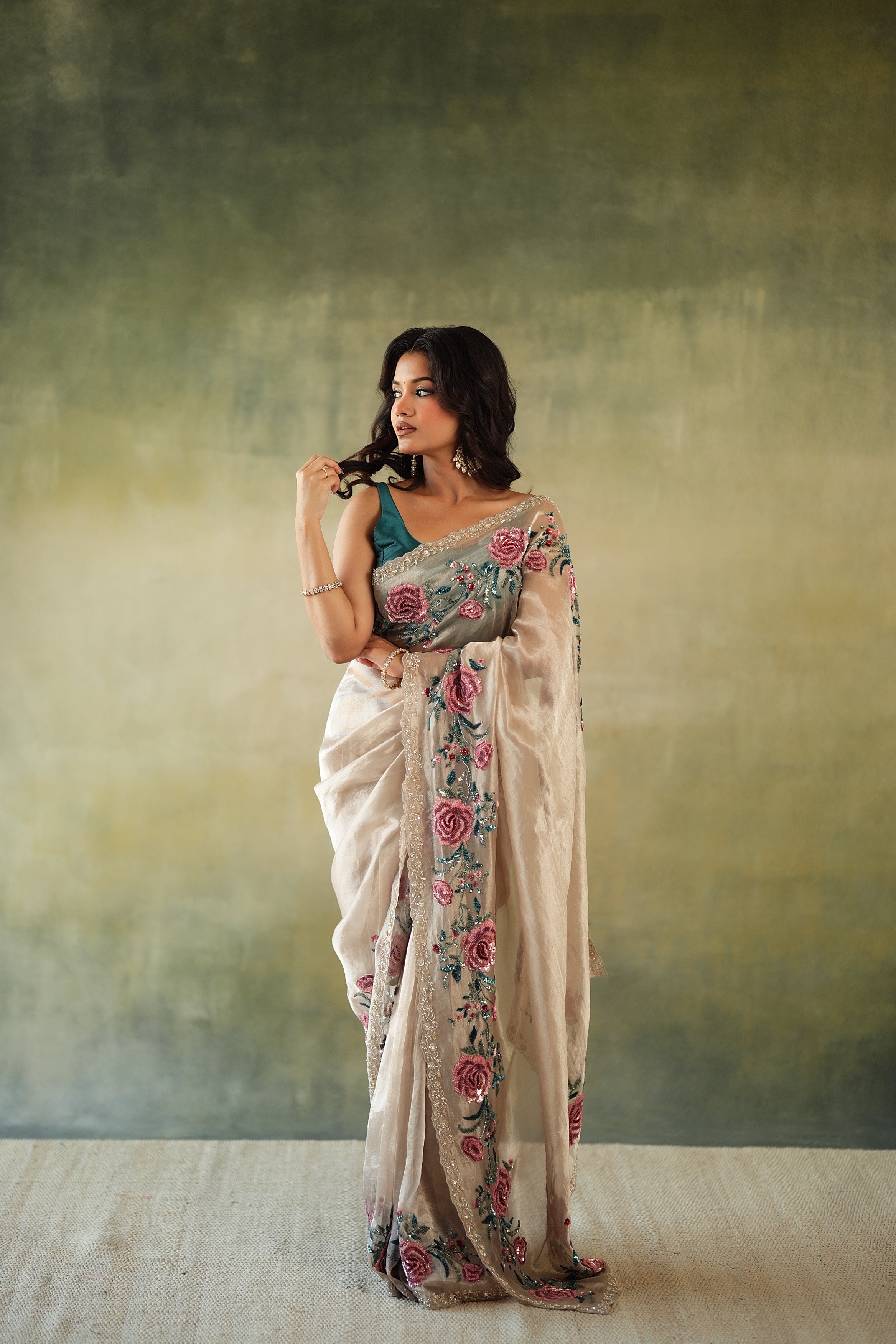 Rose Gold Tissue Organza Saree with Floral Sequin Border - Mokshaa