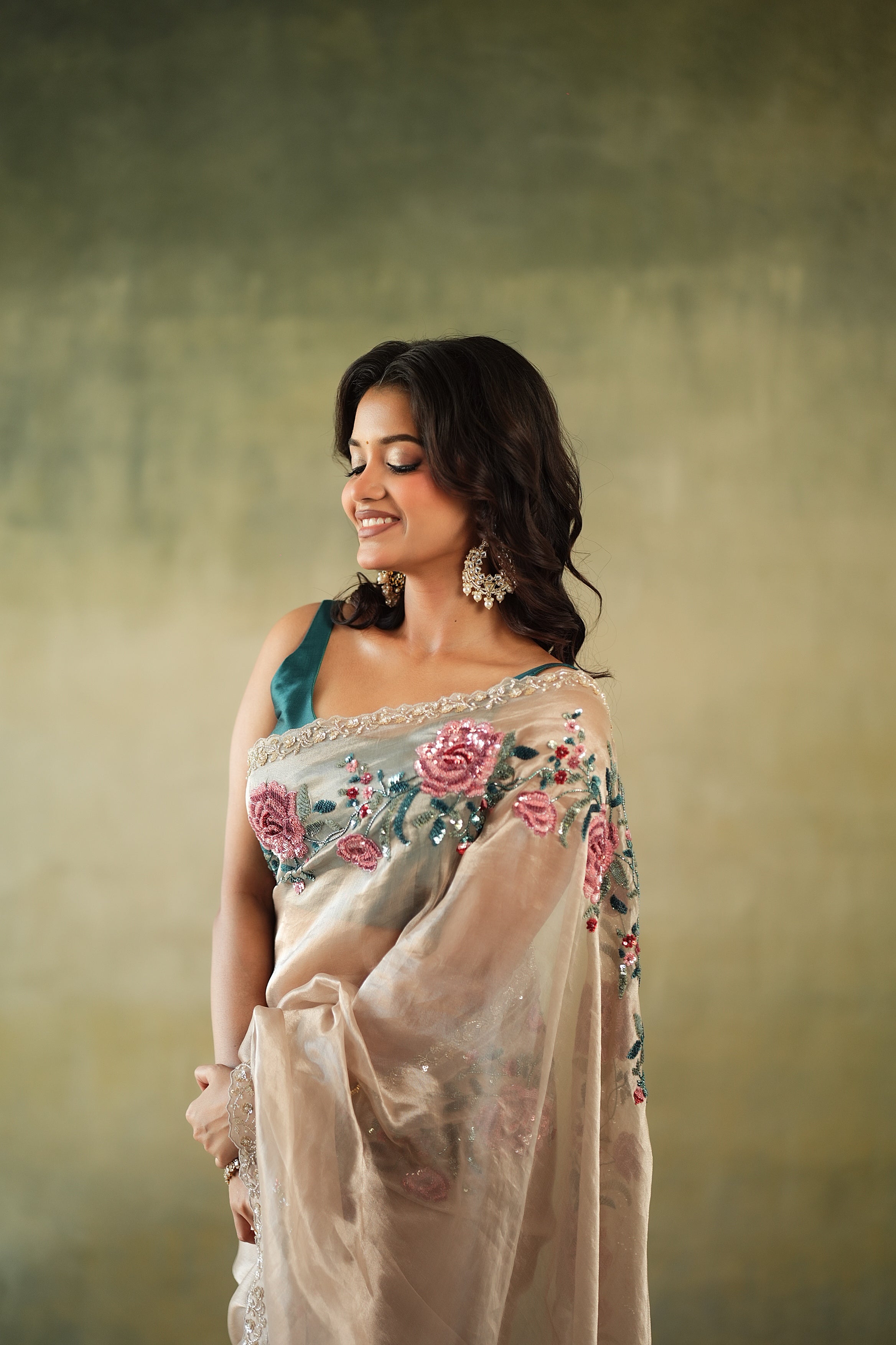 Rose Gold Tissue Organza Saree with Floral Sequin Border - Mokshaa