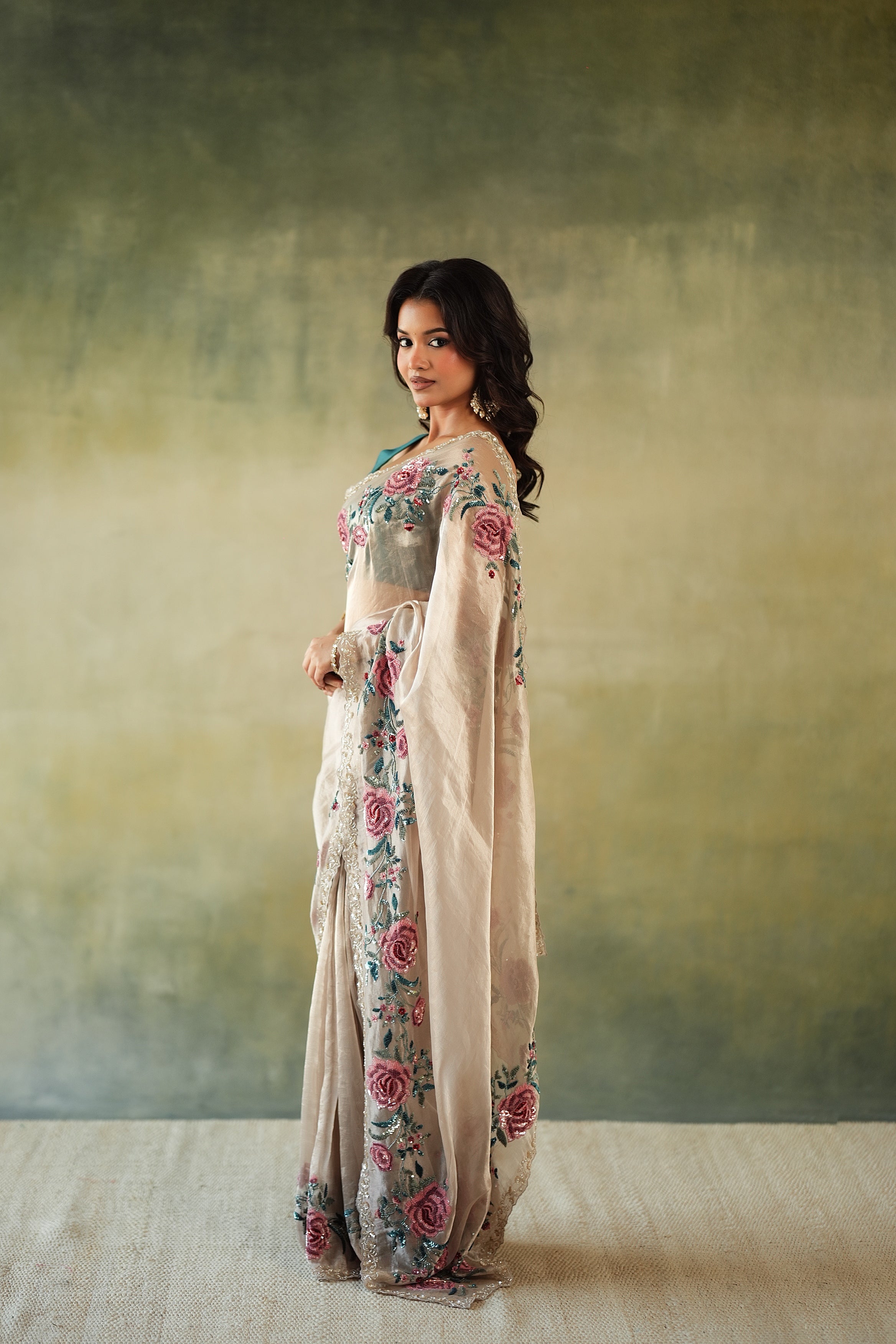 Rose Gold Tissue Organza Saree with Floral Sequin Border - Mokshaa