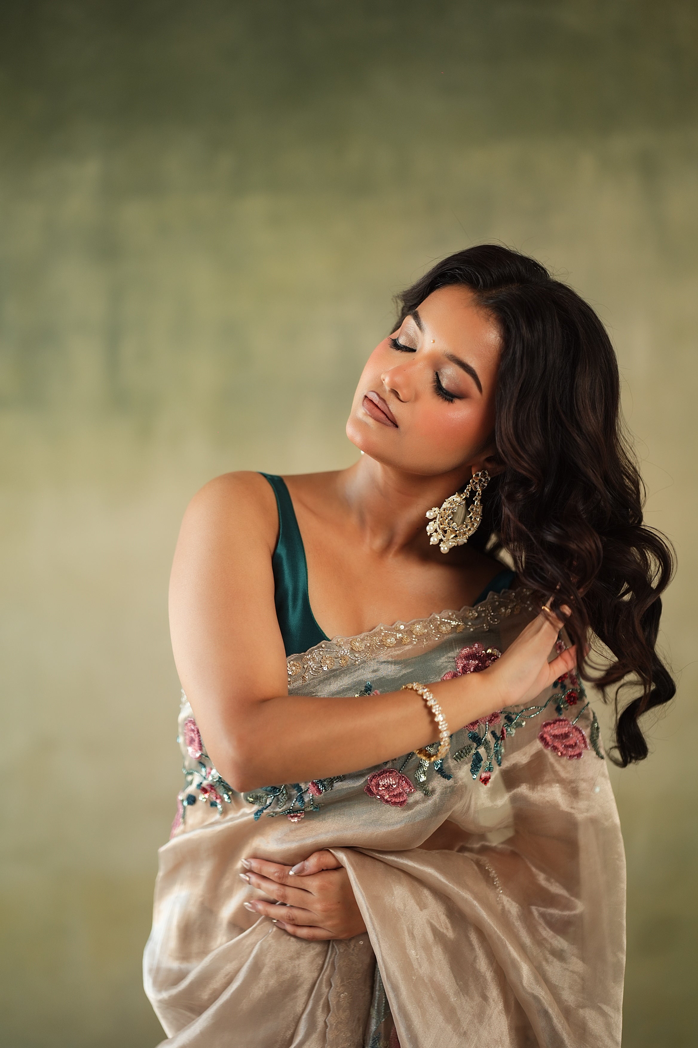 Rose Gold Tissue Organza Saree with Floral Sequin Border - Mokshaa