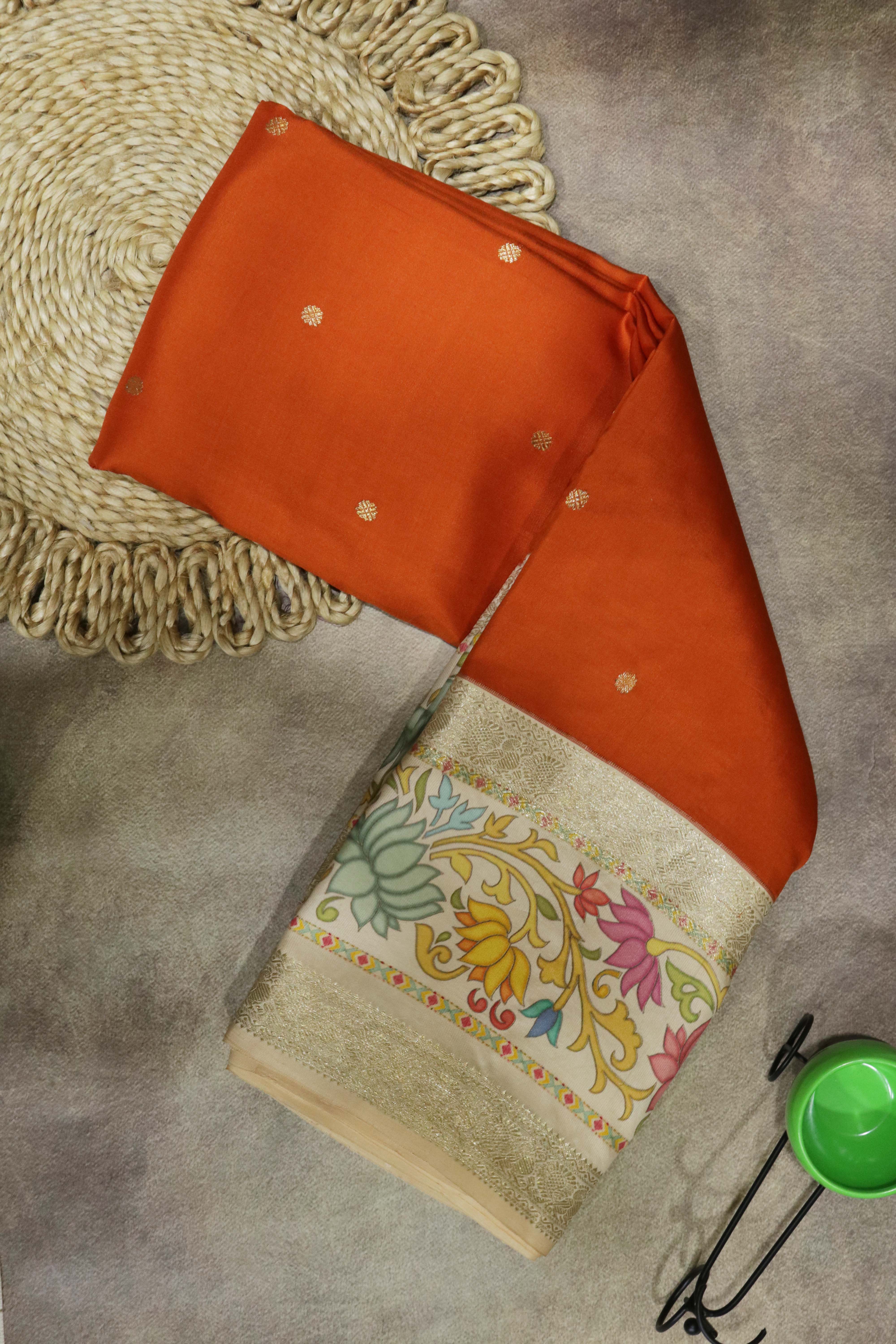 Orange Silk Saree with Floral Printed Border