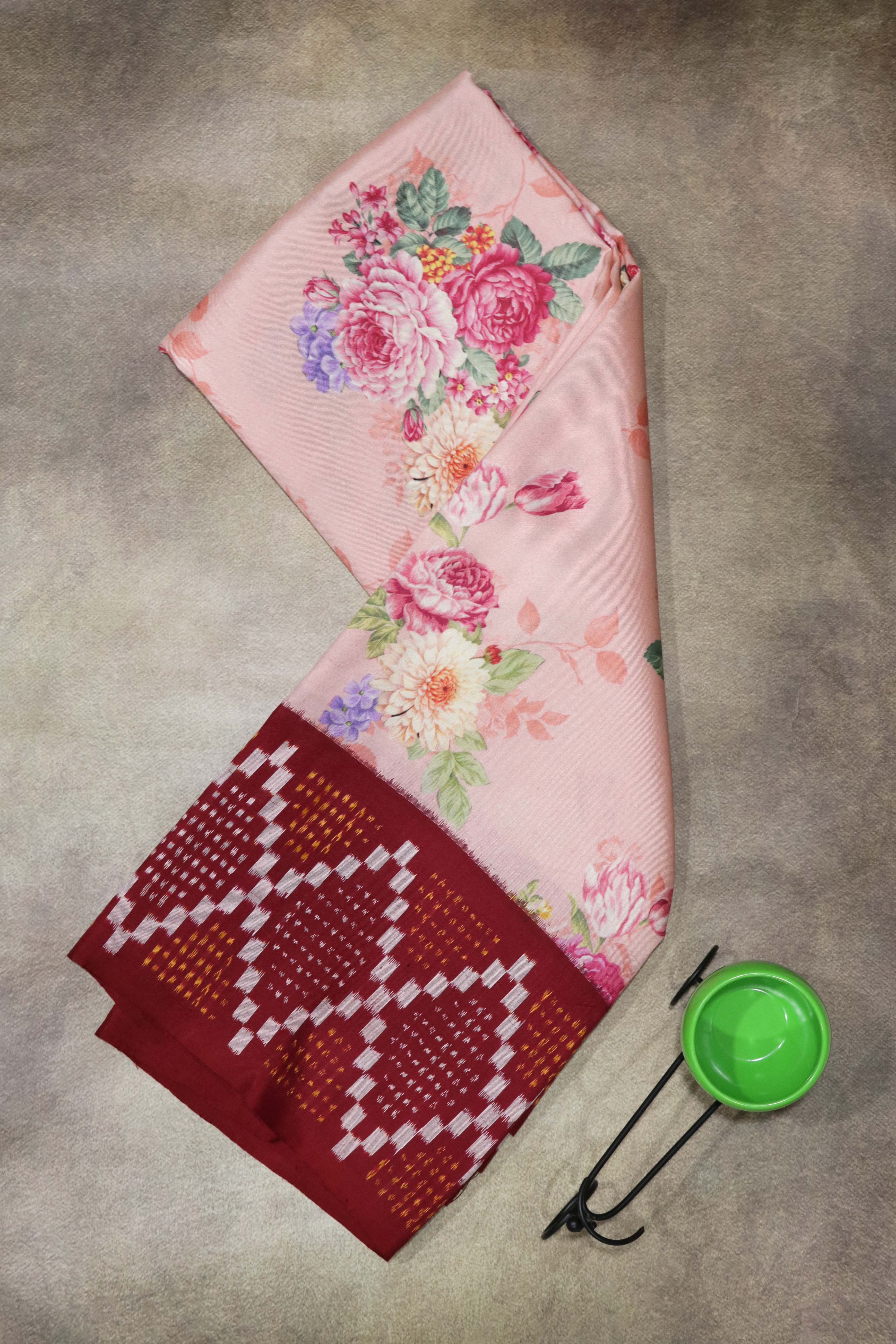 Pink Floral Printed Silk Saree with Ikat Border