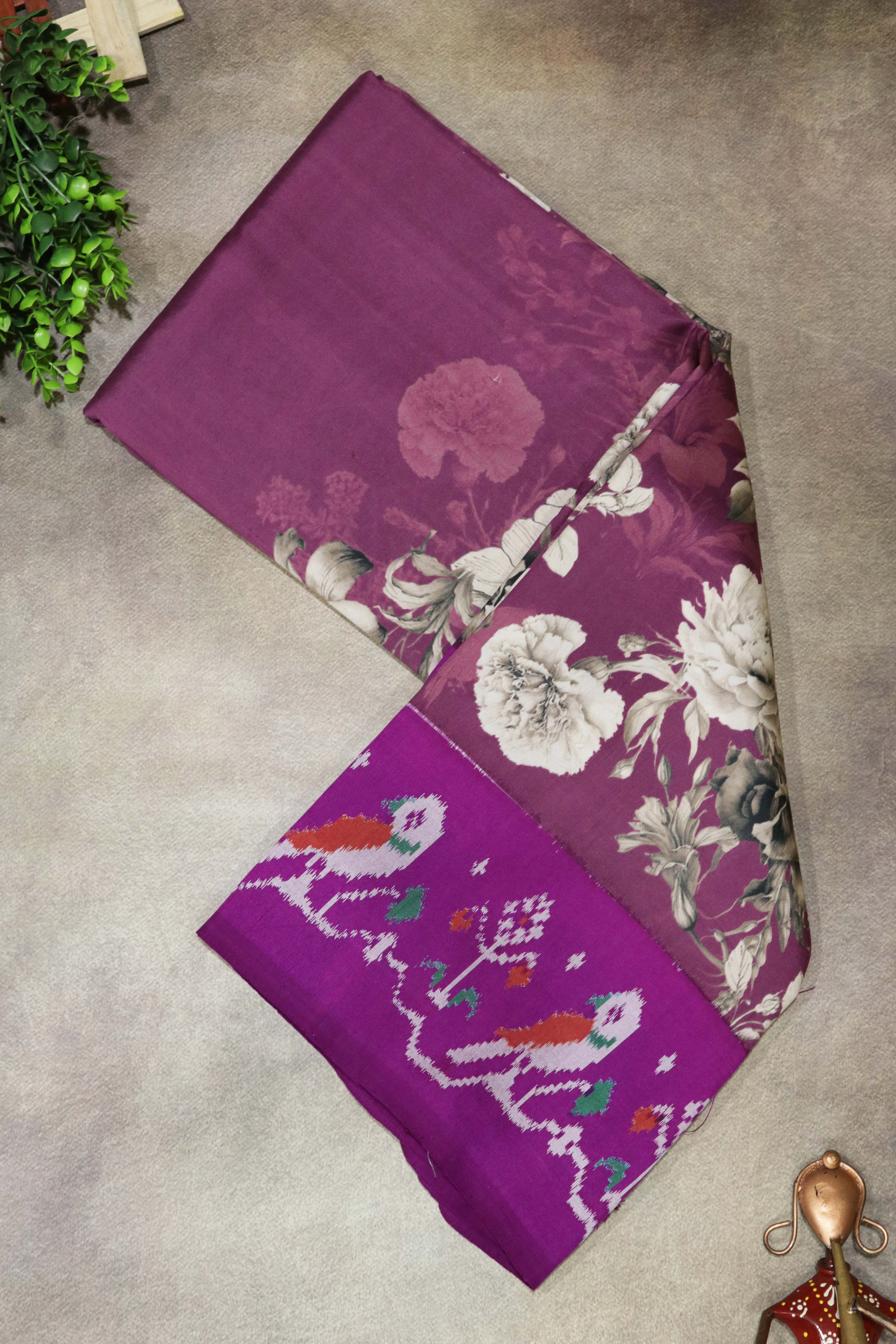 Dusty Wine Silk Saree with Floral Print & Ikat Border