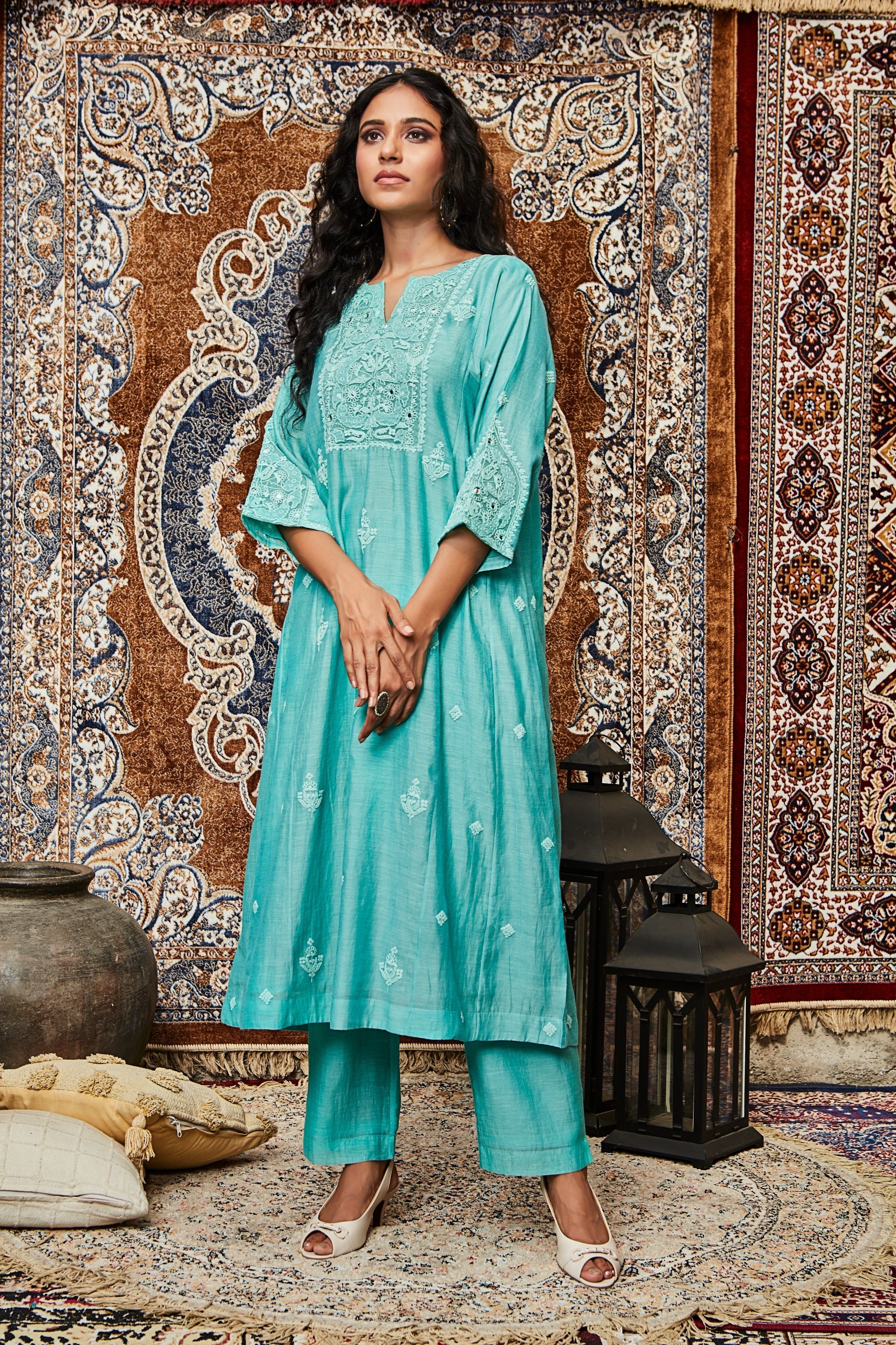 Aqua Blue Embroidered Cotton Kurta Set  Mokshaa