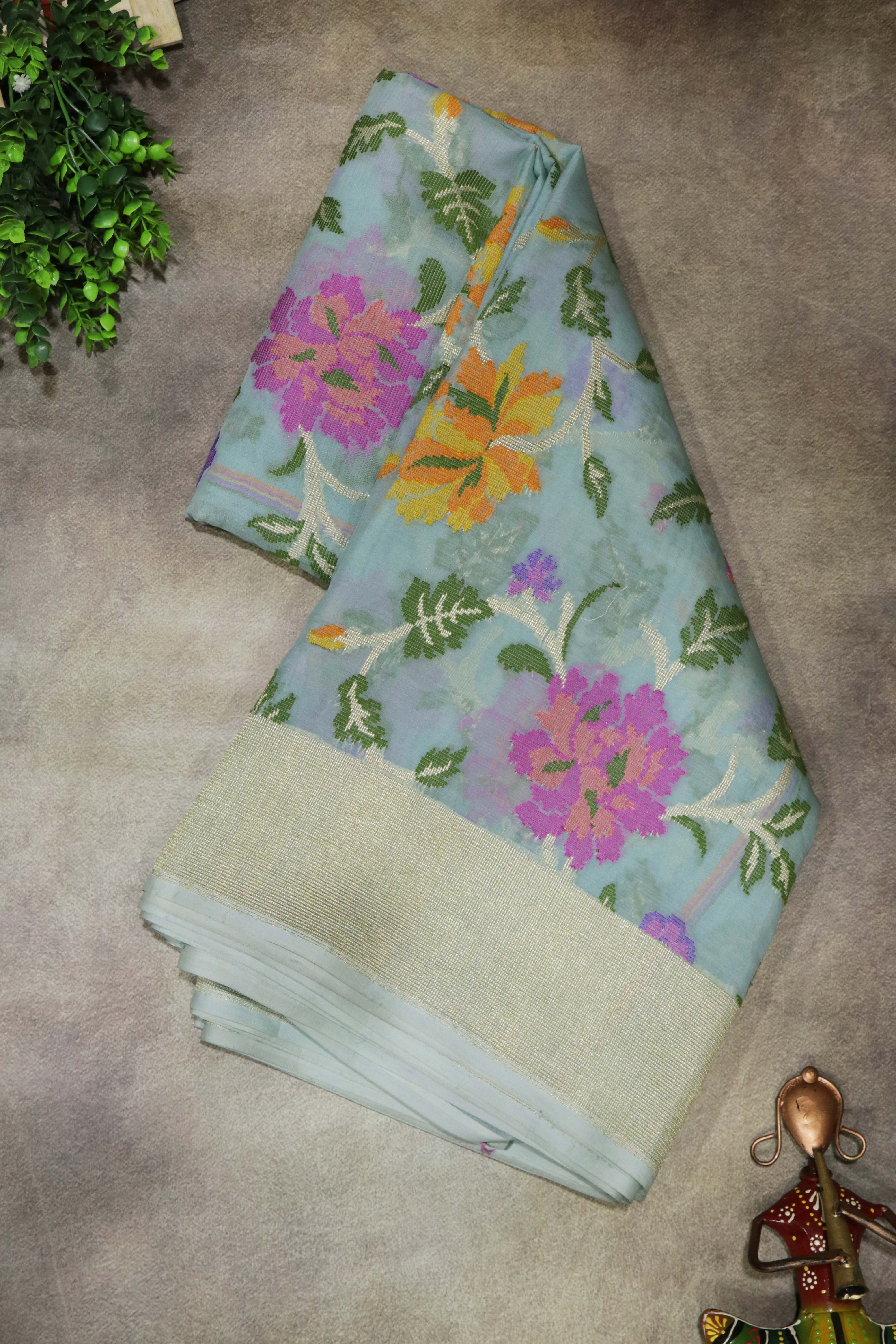 Sky Blue Banarasi Kora Silk Jamdani Saree