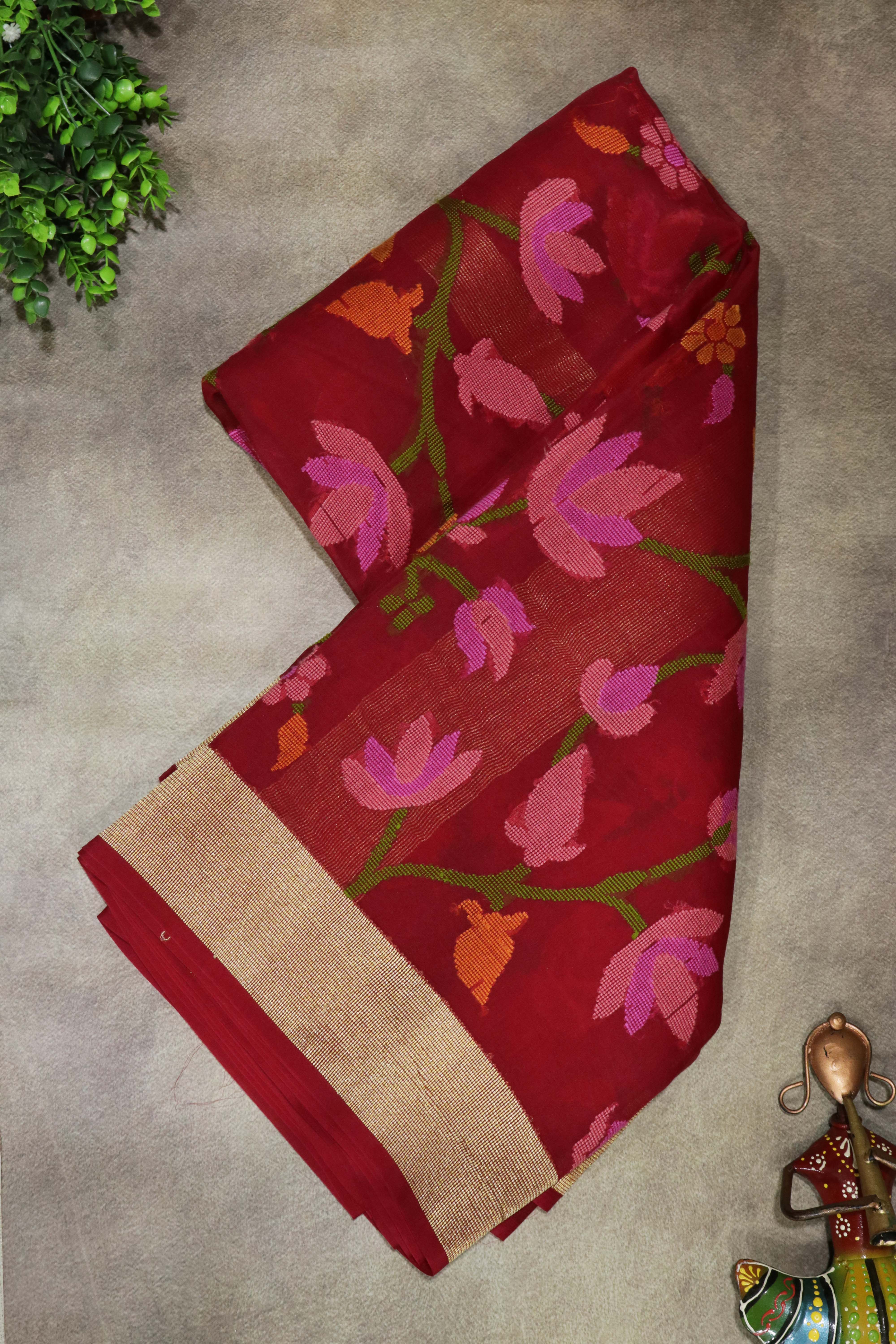 Red Banarasi Kora Silk Jamdani Saree