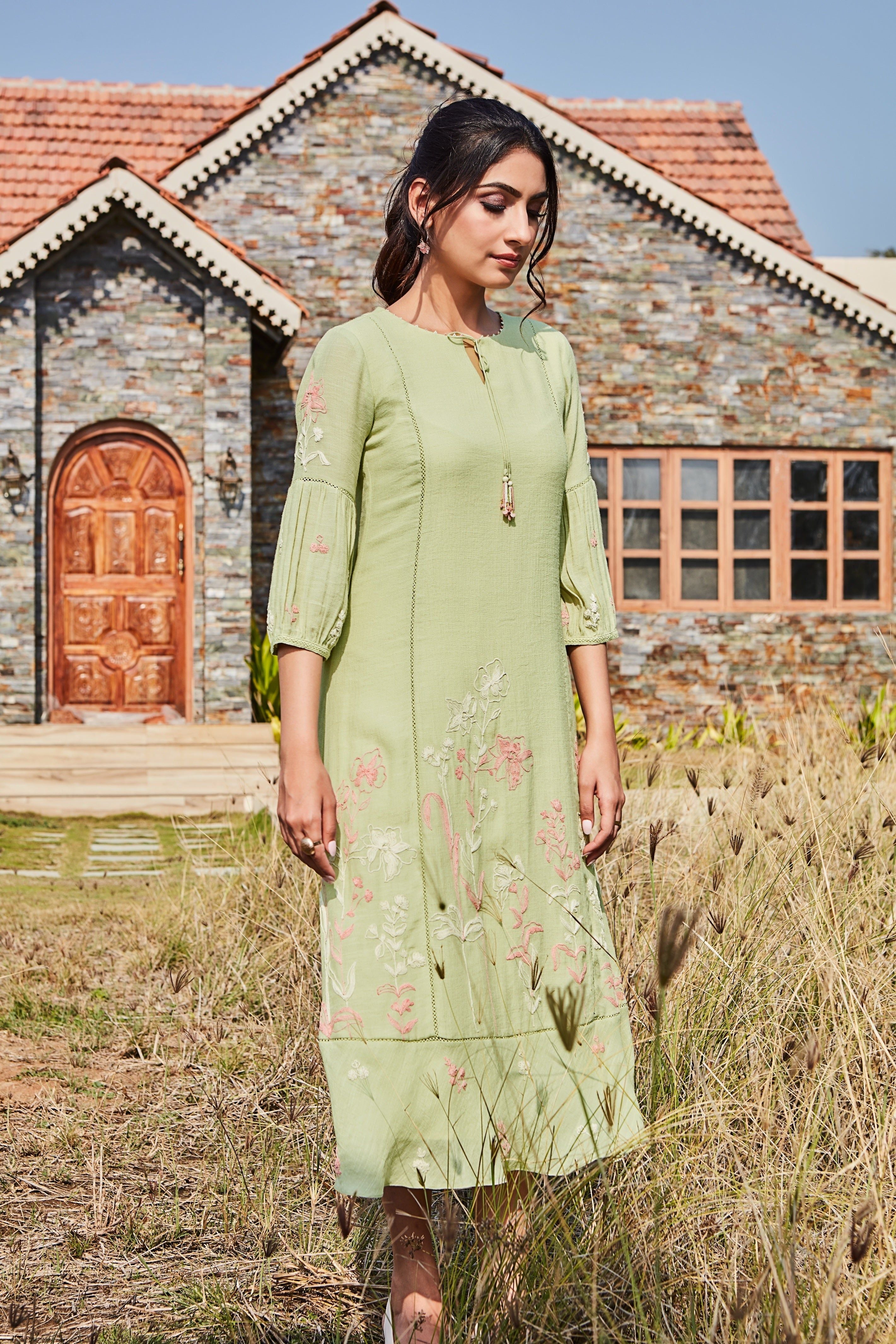 Sage Green Linen Kurta Set with Pastel Floral Embroidery  Mokshaa