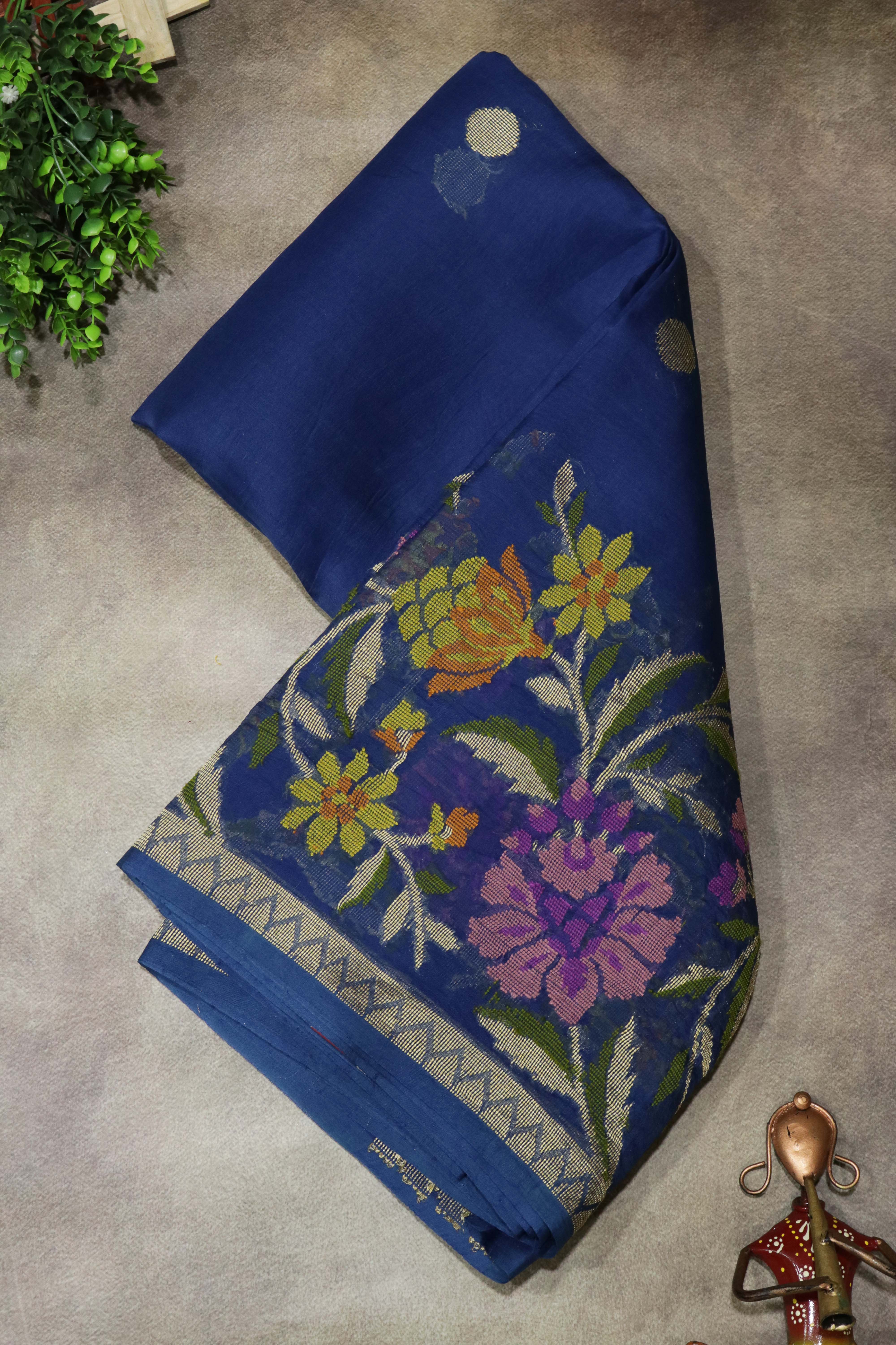 Royal Blue Banarasi Kora Silk Jamdani Saree