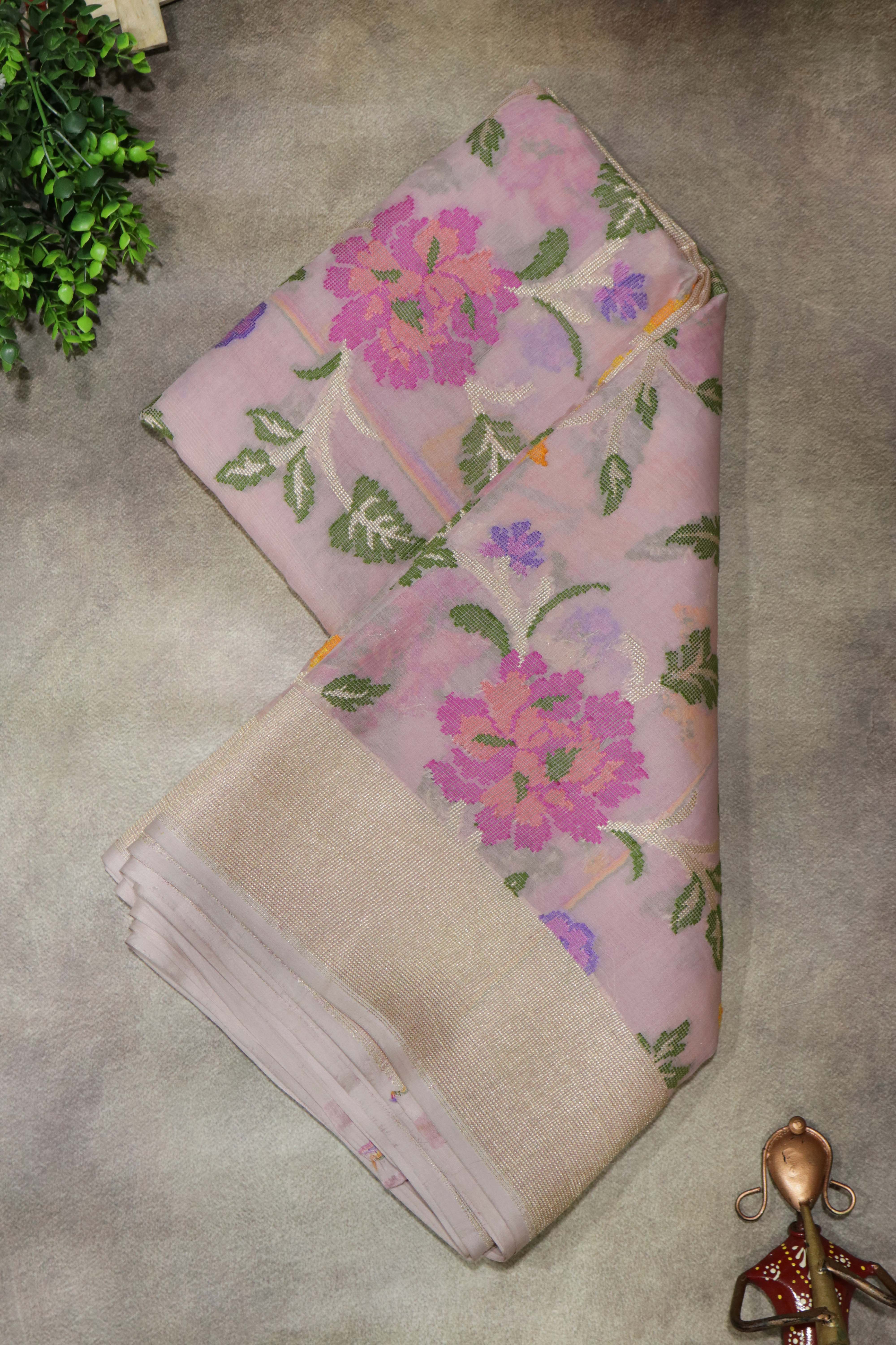 Light Pink Banarasi Kora Silk Saree