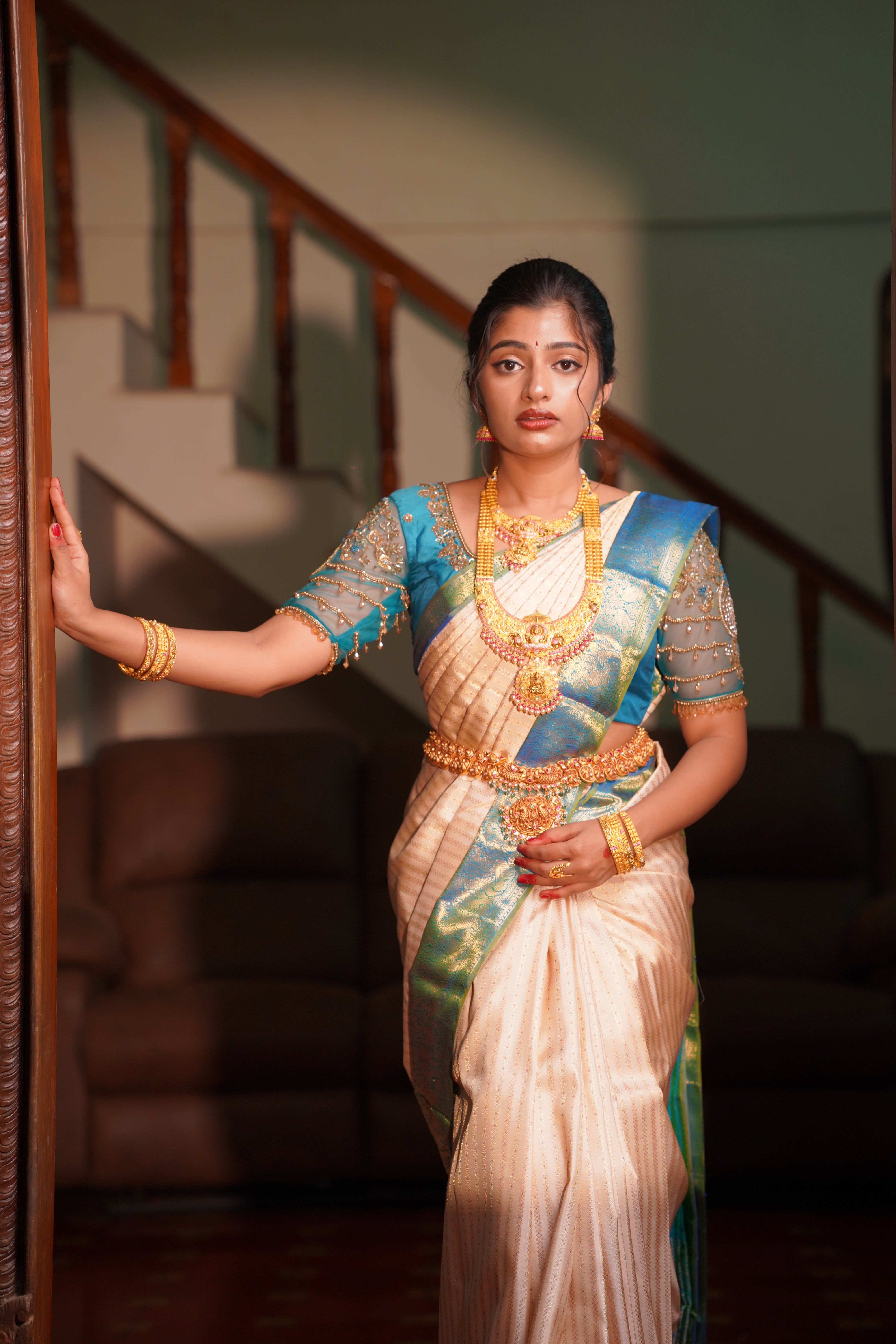 Ivory Kanchipuram Silk Saree with Peacock Blue Zari Border - Mokshaa