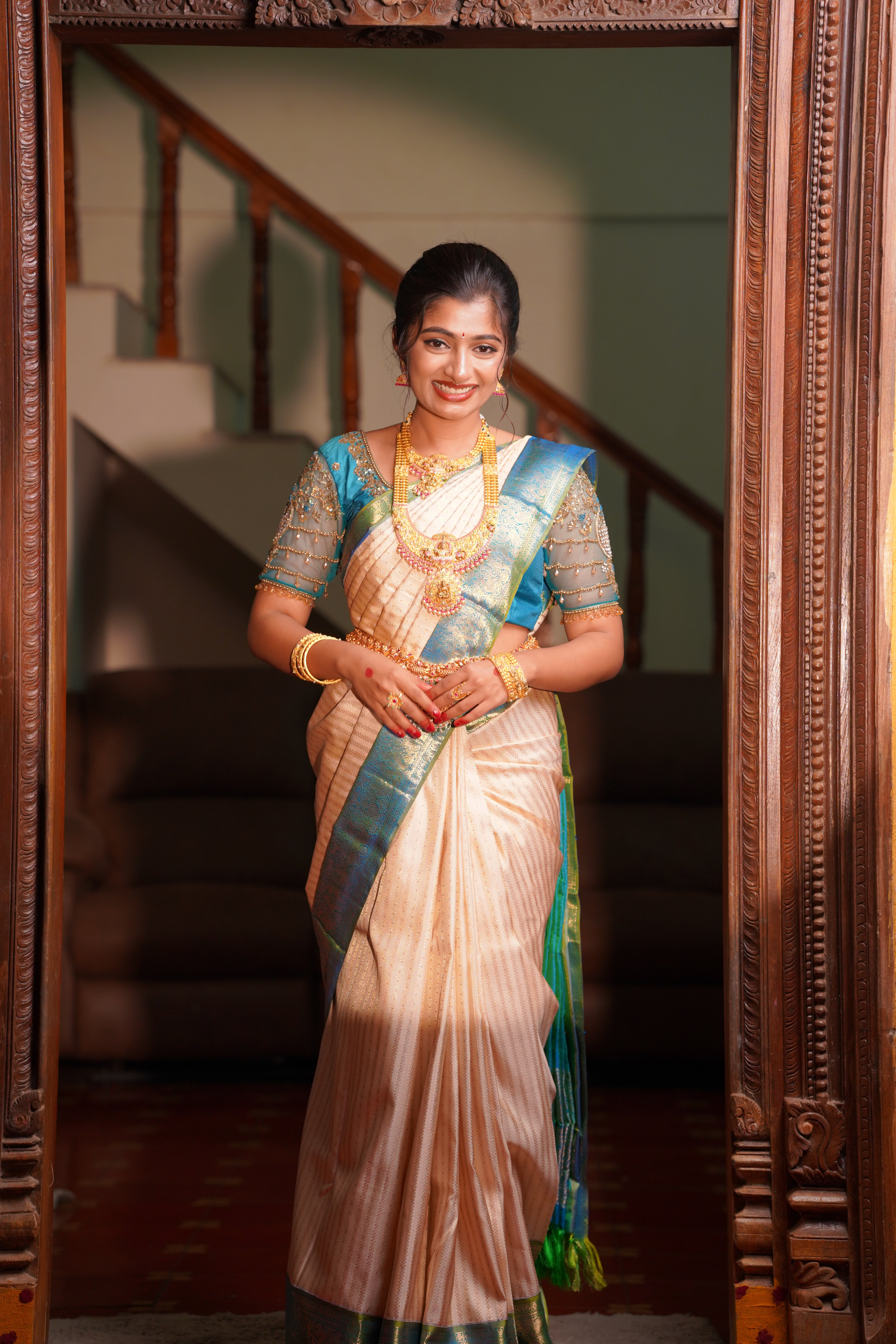 Ivory Kanchipuram Silk Saree with Peacock Blue Zari Border - Mokshaa