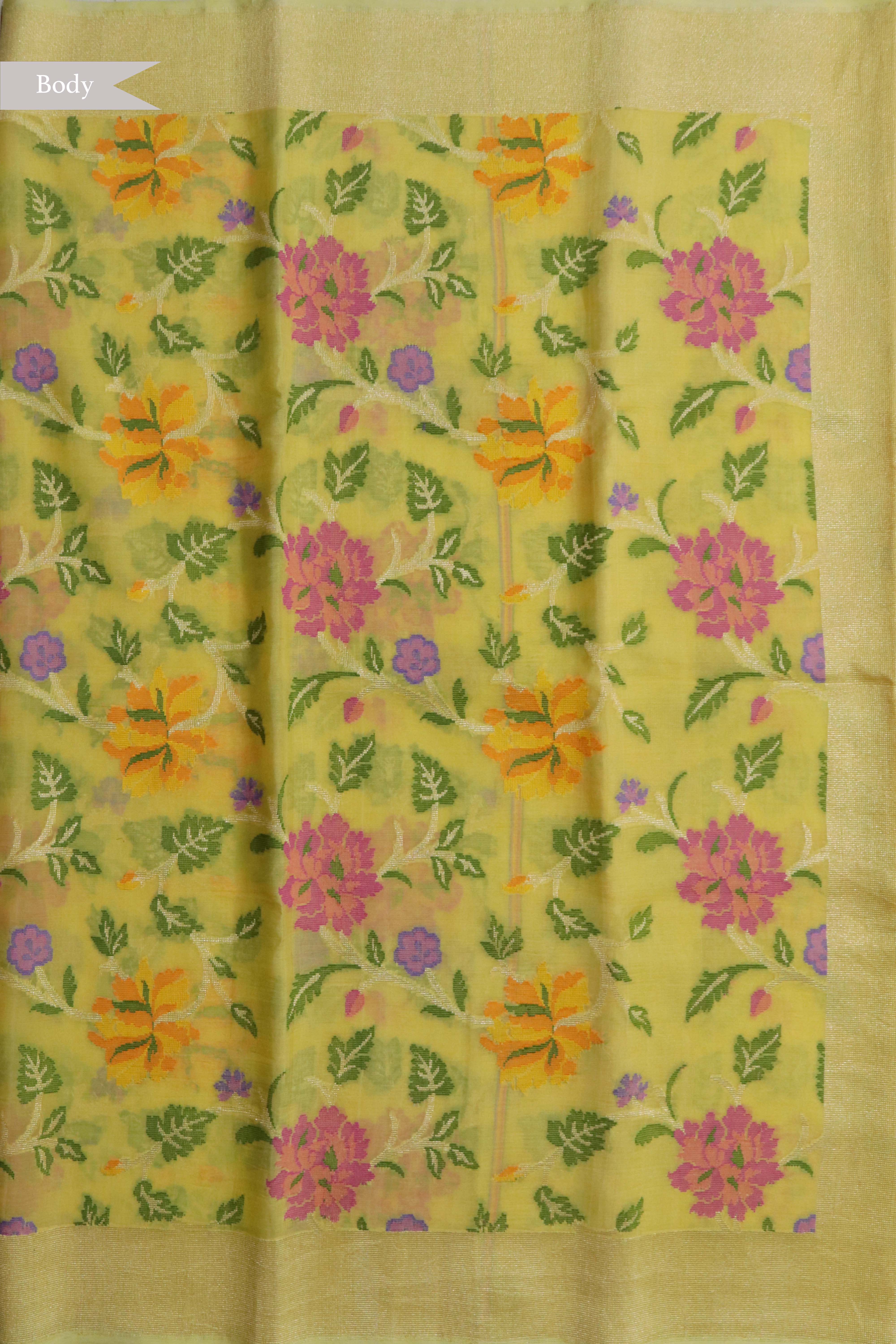 Yellow Banarasi Kora Silk Jamdani Saree