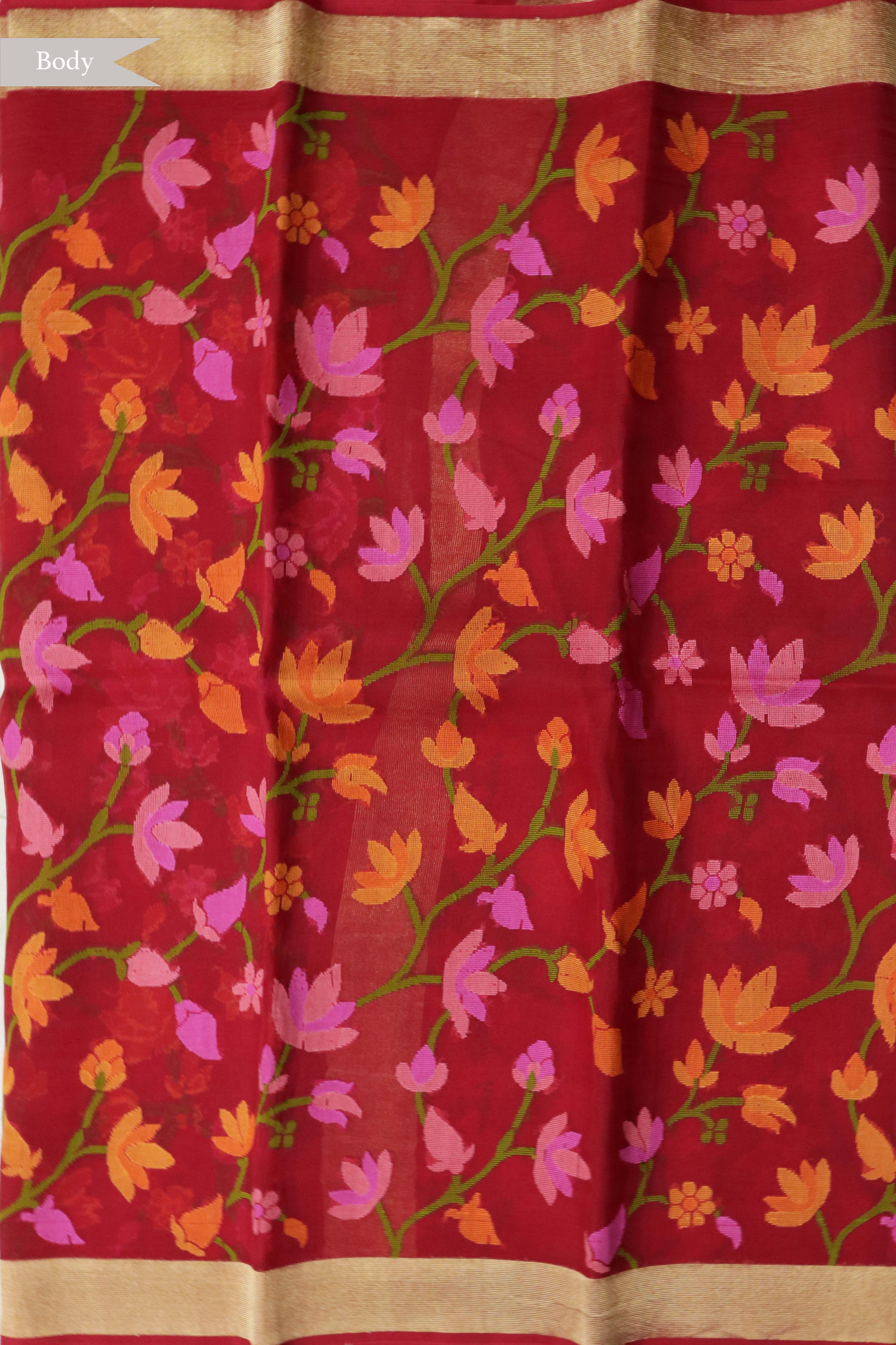 Red Banarasi Kora Silk Jamdani Saree