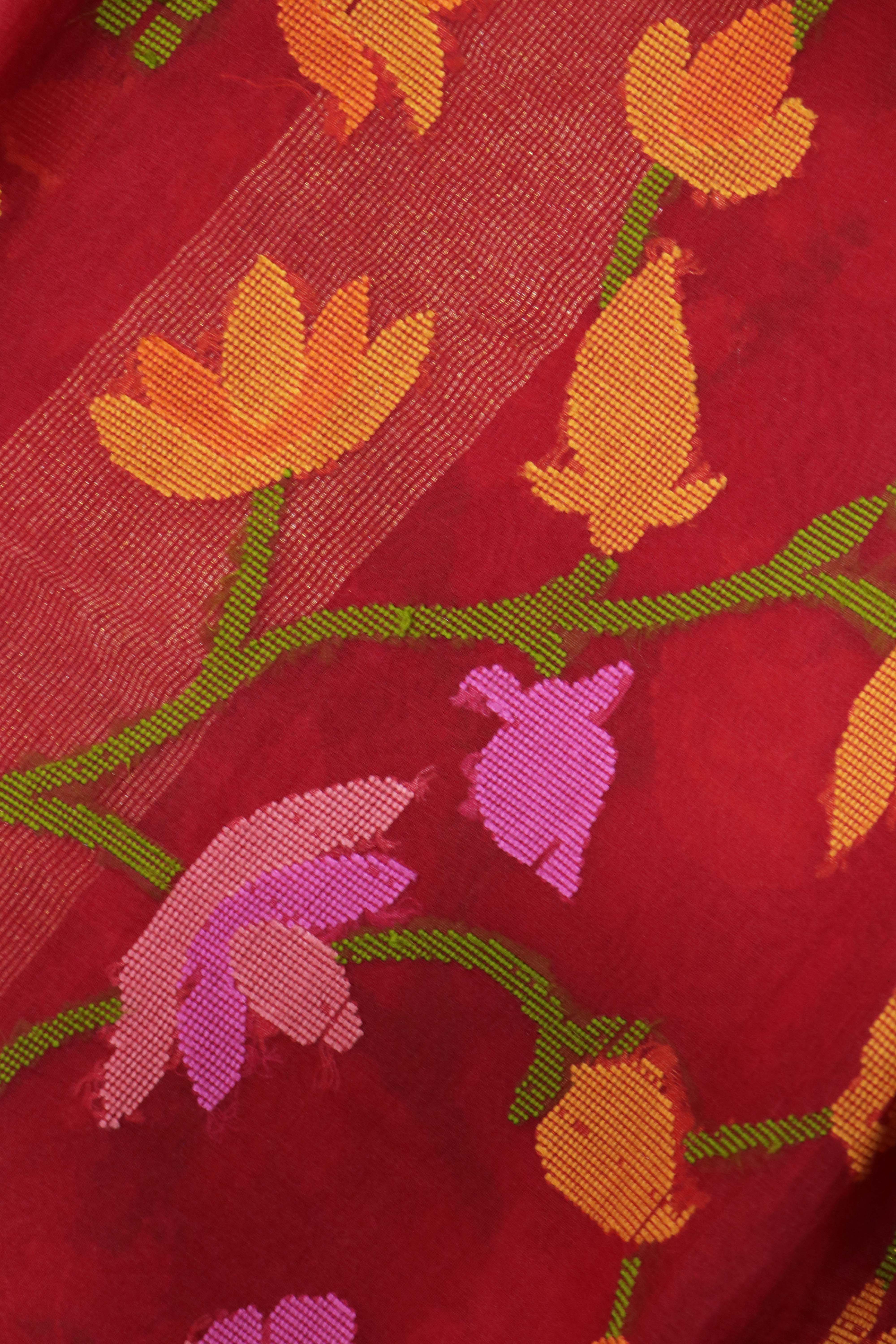 Red Banarasi Kora Silk Jamdani Saree