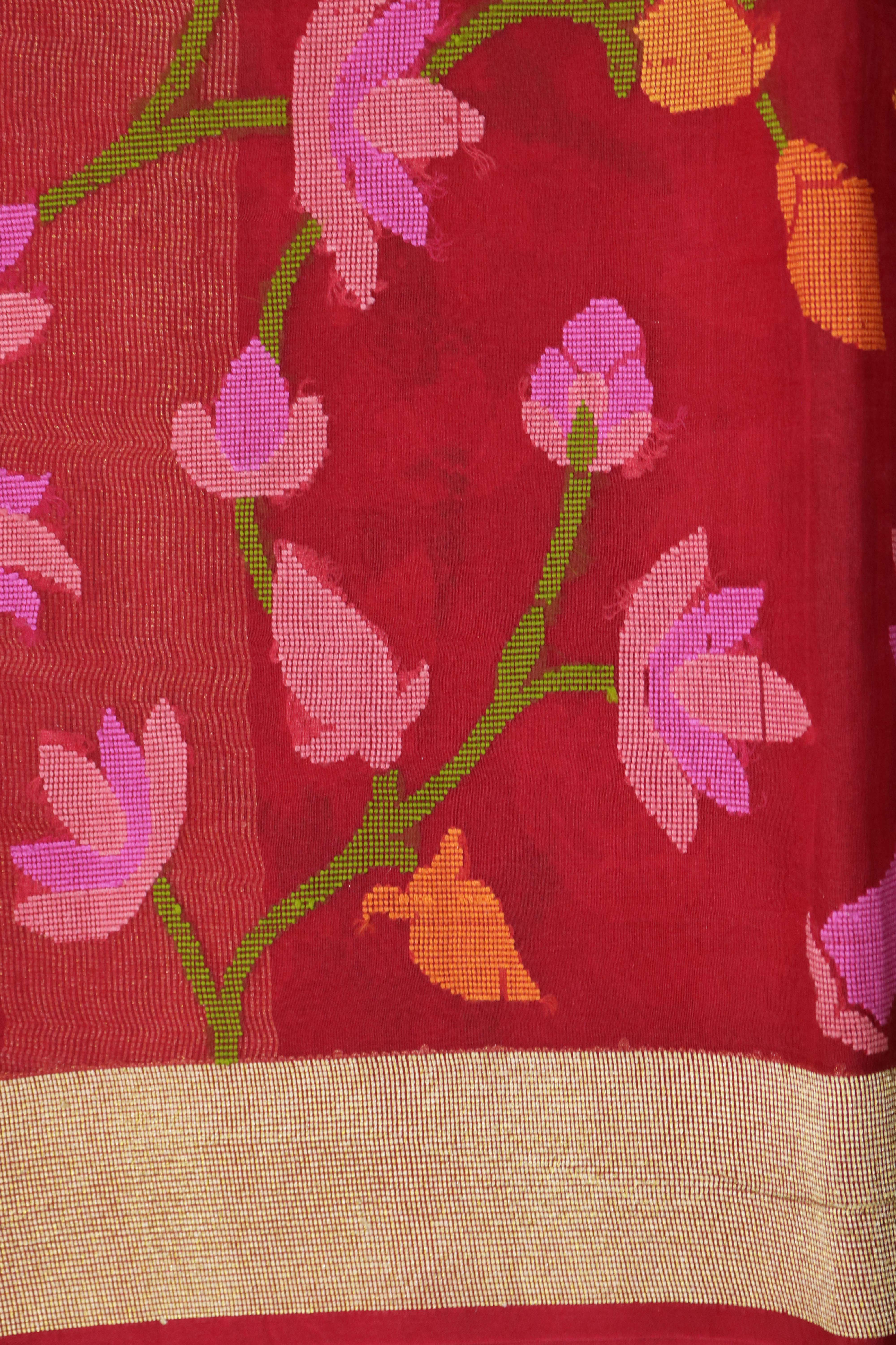 Red Banarasi Kora Silk Jamdani Saree