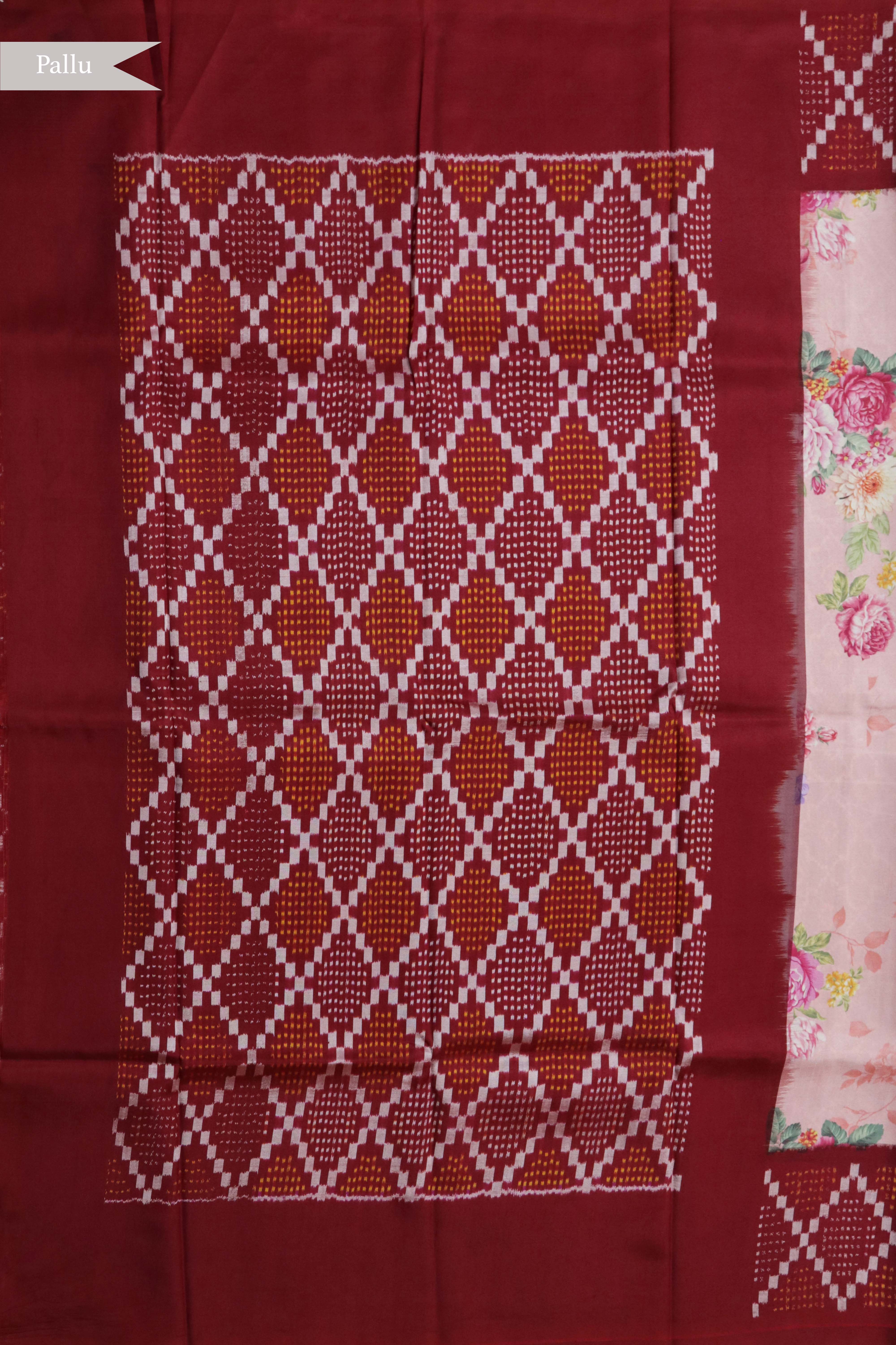 Pink Floral Printed Silk Saree with Ikat Border