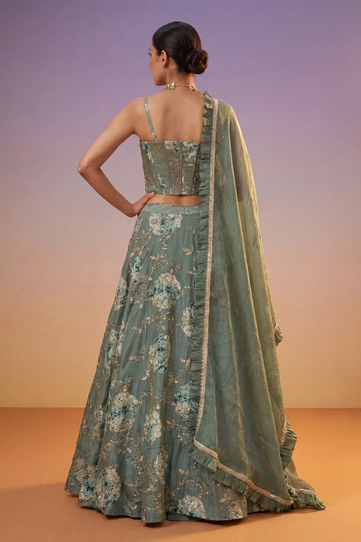 Sage Green Tissue Silk Corset Lehenga set