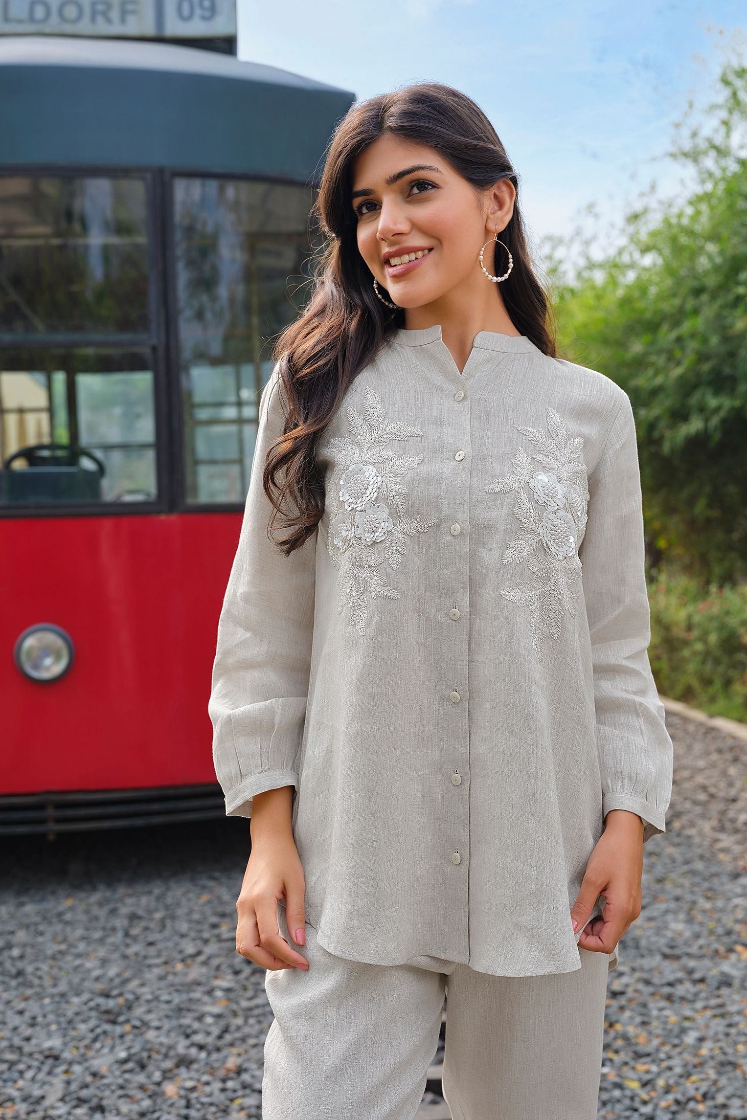Grey Floral Embroidered Co-Ord Set