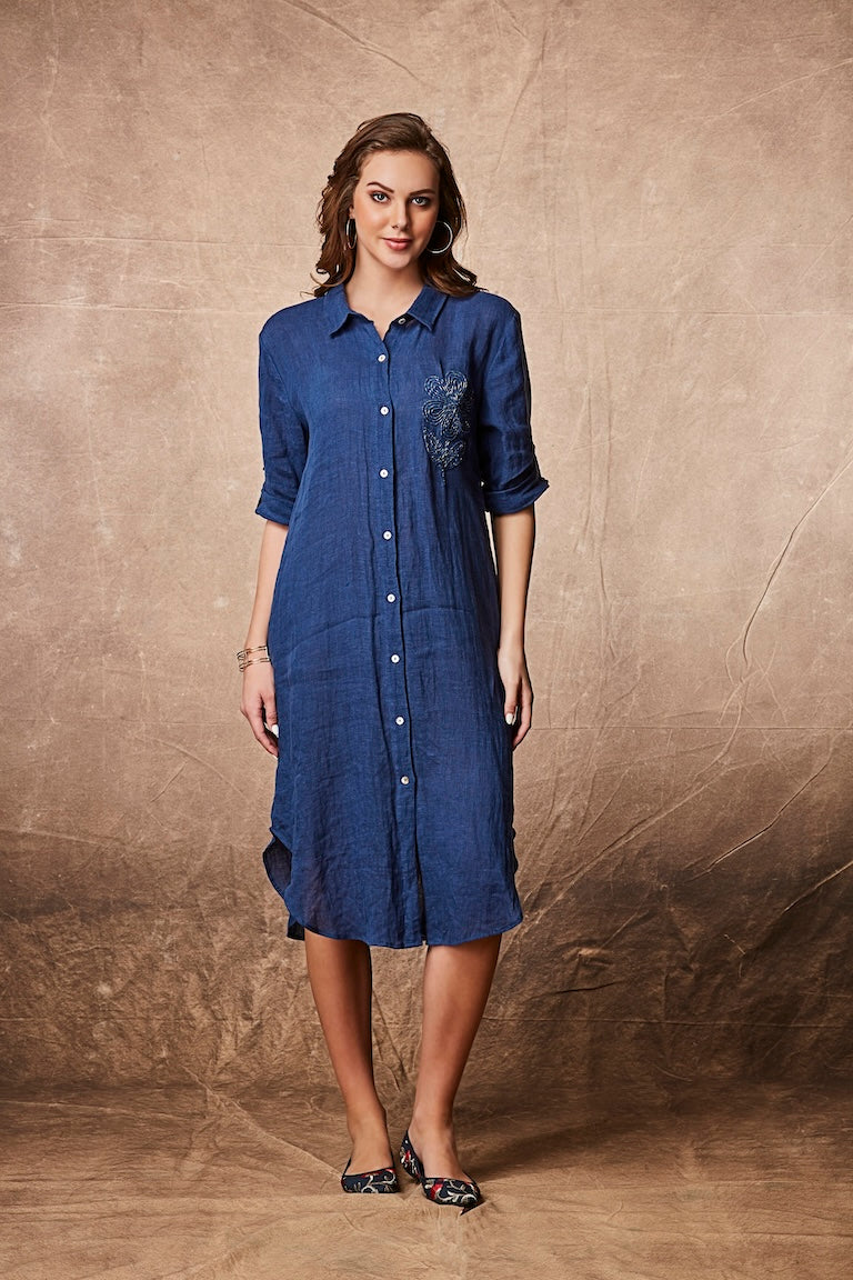 Navy Blue Button-Down Shirt Dress  Mokshaa