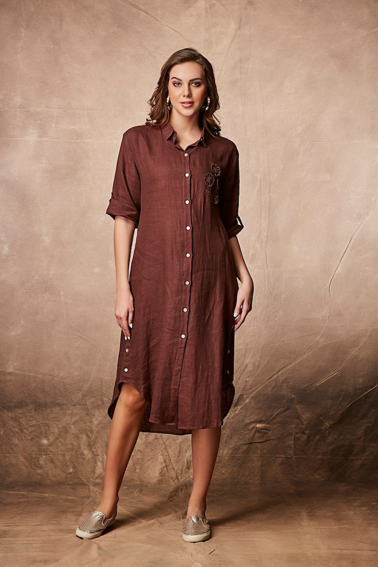 Elegant Brown Button-Down Shirt Dress  Mokshaa