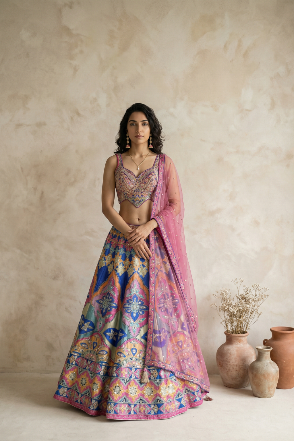 Royal Blue Printed Lehenga Set with Embroidered Blouse