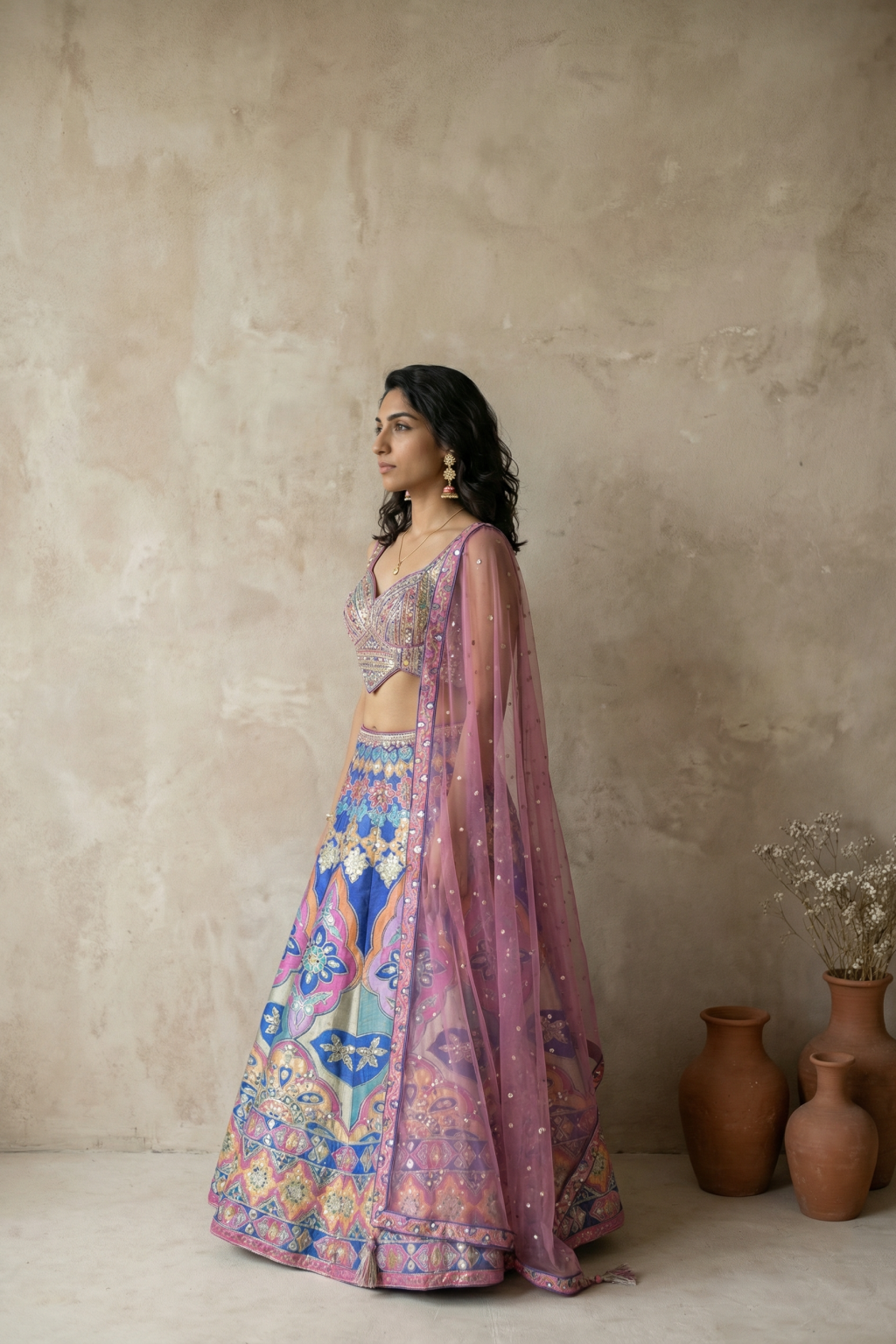 Royal Blue Printed Lehenga Set with Embroidered Blouse