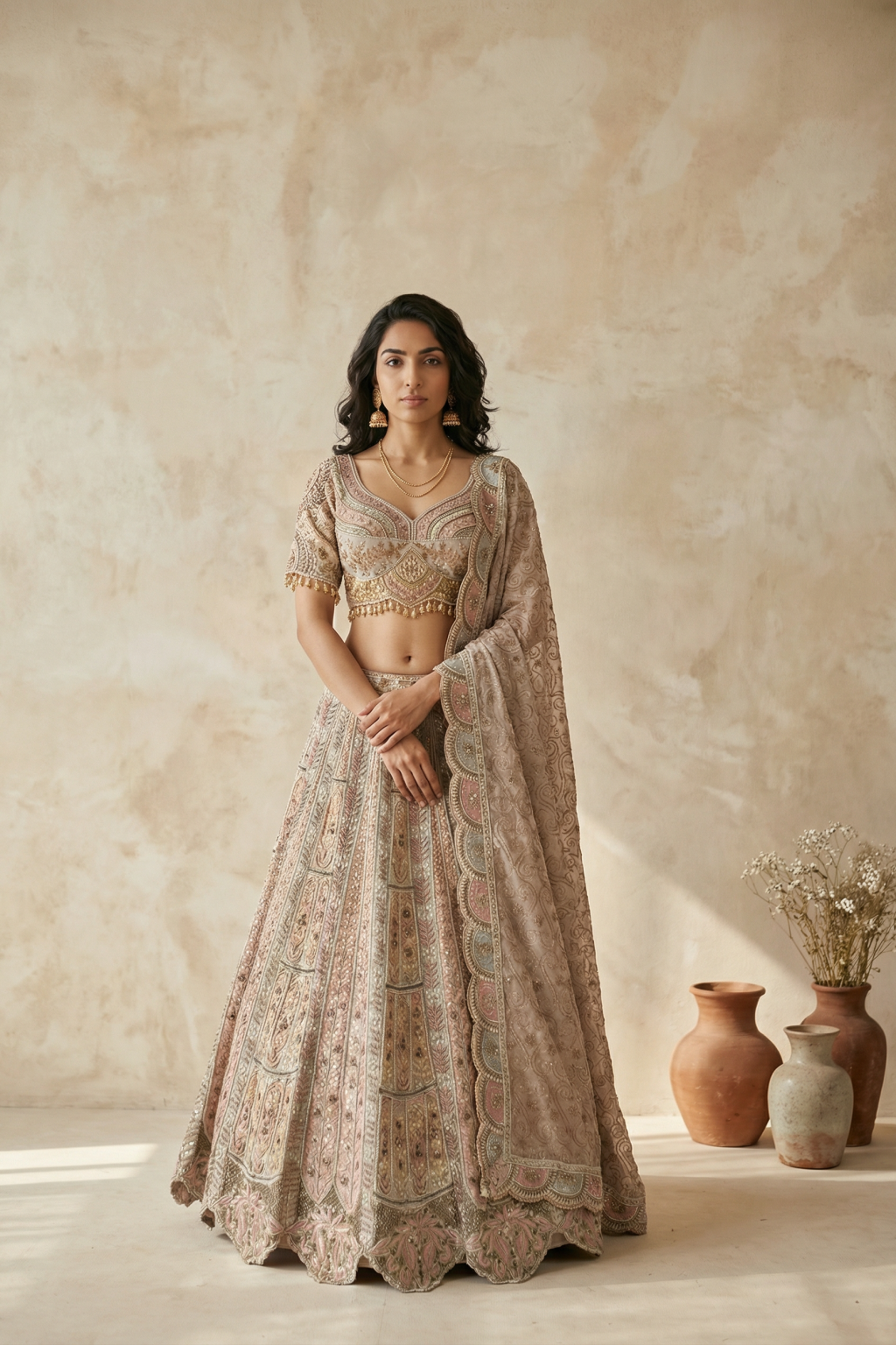 Blush Beige Embroidered Lehenga Set with Scalloped Dupatta