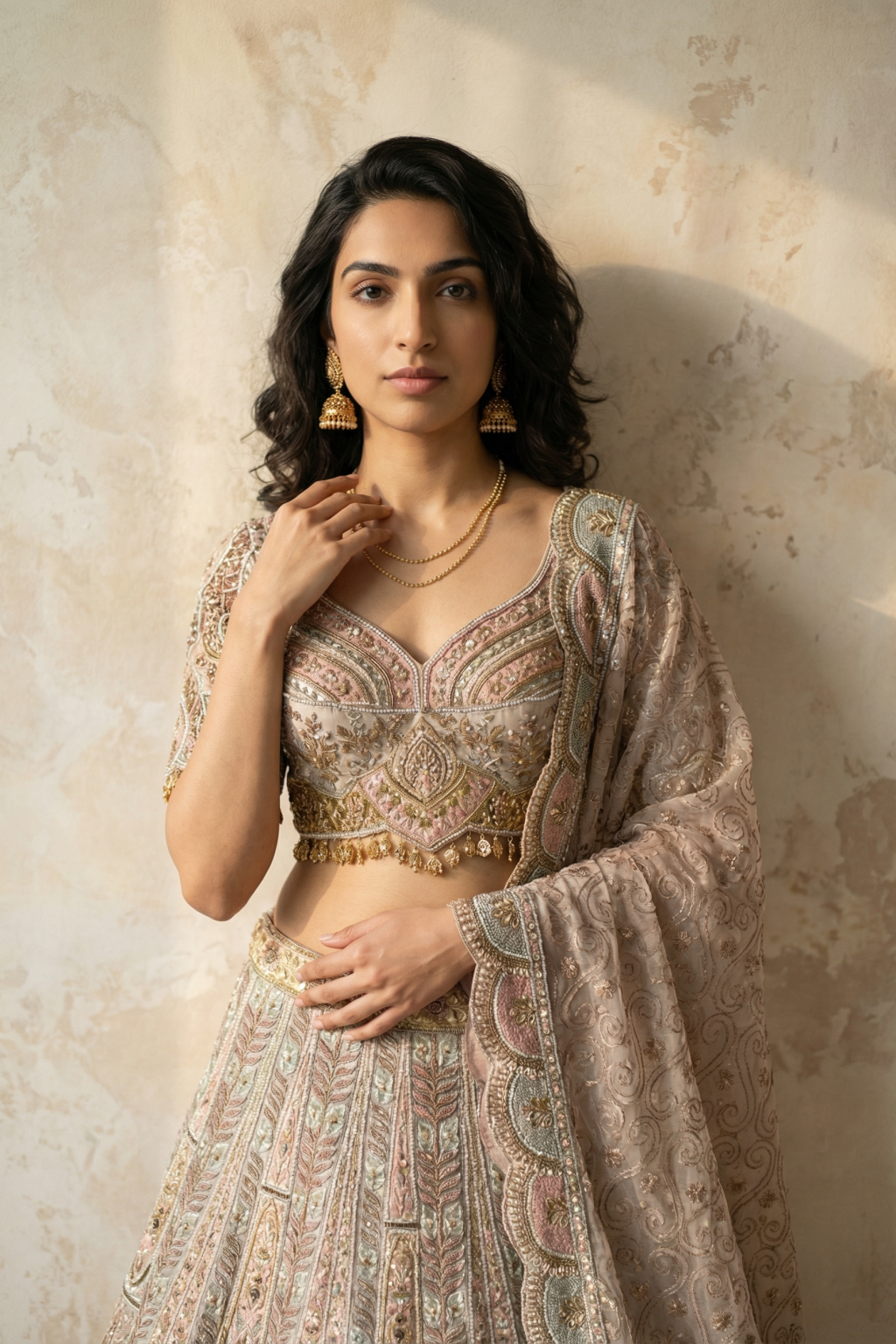 Blush Beige Embroidered Lehenga Set with Scalloped Dupatta