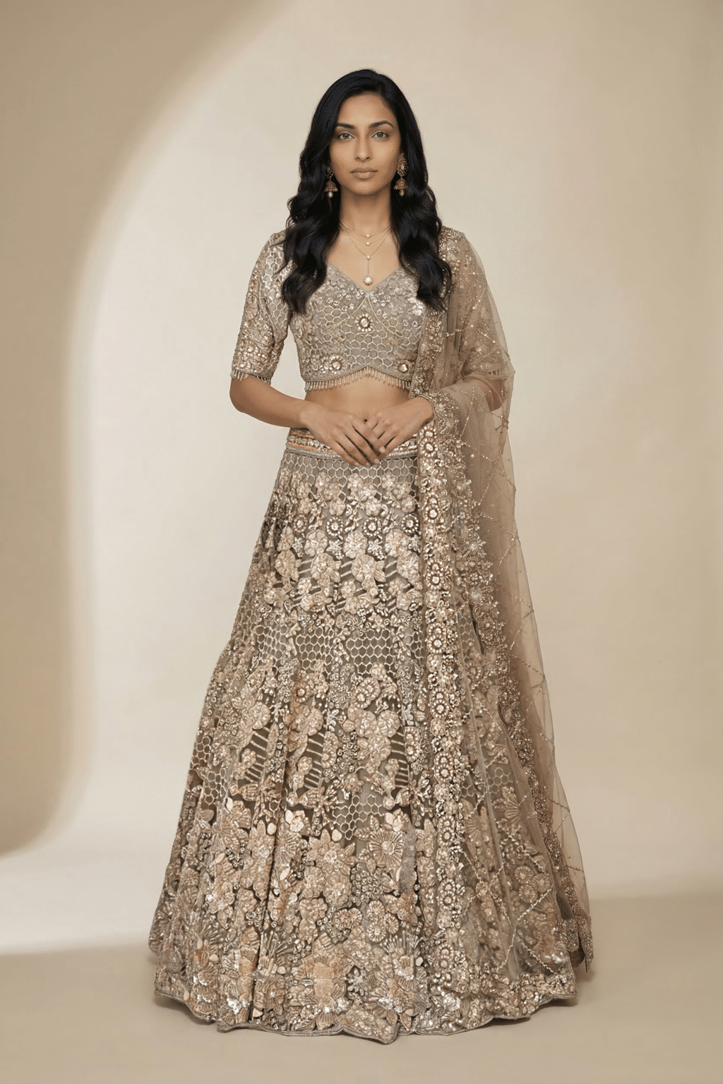 Champagne Gold Embroidered Net Lehenga Set
